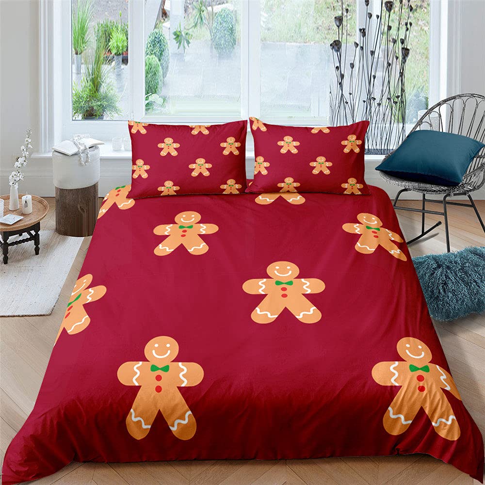 Red Gingerbread Man Christmas Duvet Cover Set - Holiday Themed Bedding for Kids & Adults - Twin, Full, Queen, King Size (200x229cm) 3-Piece Set with Pillowcases - Perfect for Festive Bedroom Decor & Cozy Winter Nights