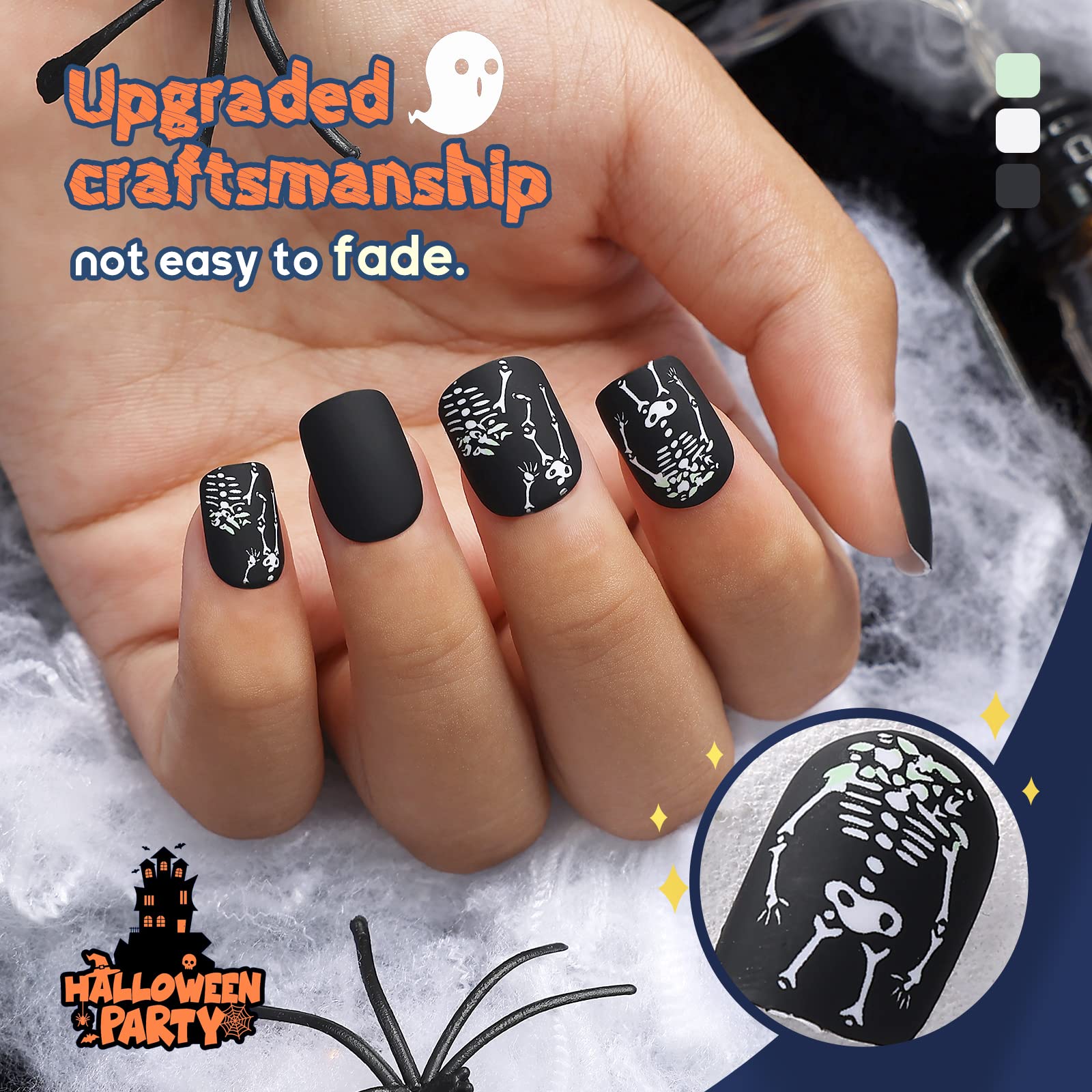 Morily 24Pcs Black Short Square Matte Press on Nails with White Skeleton Design - Acrylic Stick on Artificial Fingernails Tips for Women (12 Sizes) - Perfect for Halloween, Parties & Everyday Wear