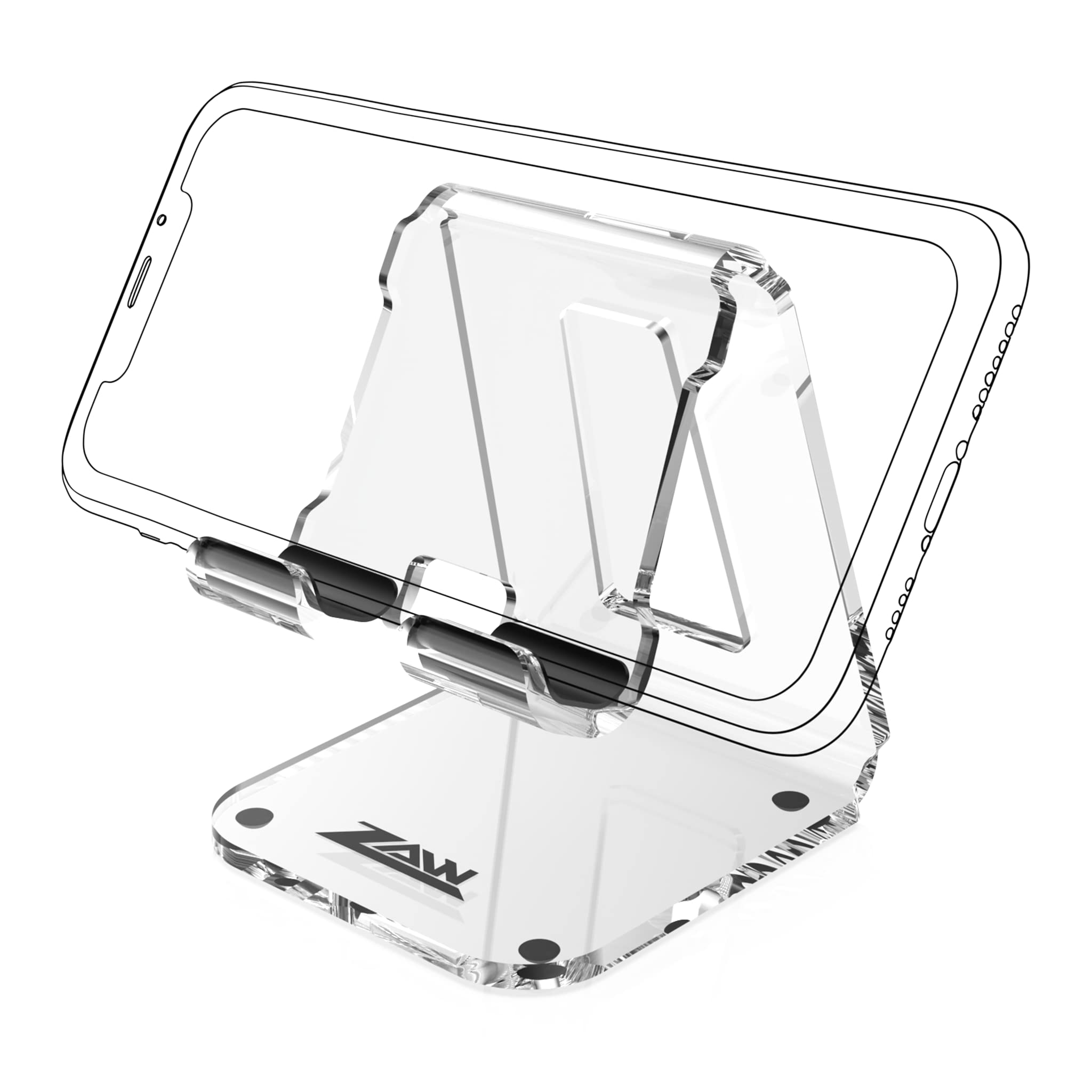 ZAW Clear Acrylic Cell Phone Stand for Desk – 4MM Thick Phone Holder Compatible with iPhone 15/14 Pro & Samsung S24/S23 – Perfect for Office, Home & Travel (1-Pack)
