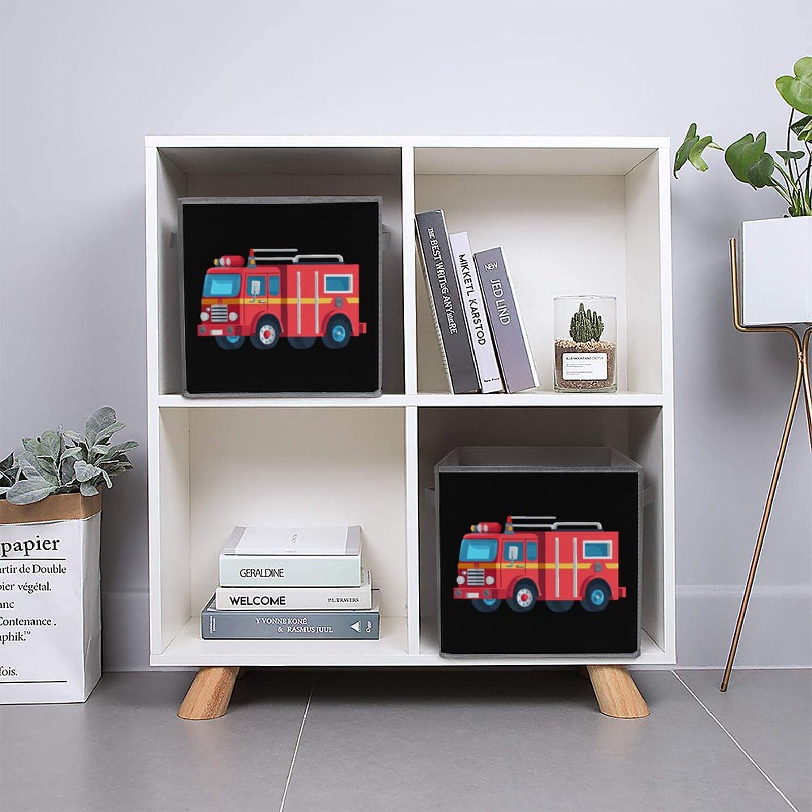 Foldable Fire Truck Storage Cubes - 6 Pack Organizer Bins with Handles for Kids Room, Playroom & Toy Storage | Square Fabric Baskets for Clothes, Books & Toys