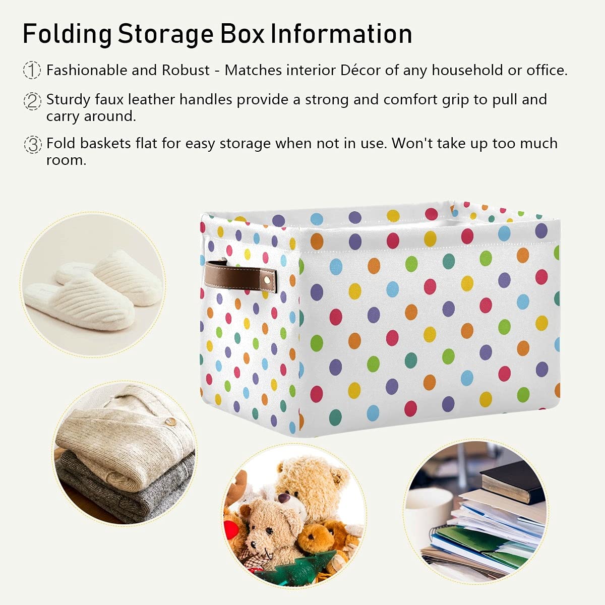 Rainbow Polka Dot Collapsible Storage Bins with Handles - Foldable Fabric Storage Cube Basket for Closet, Nursery, Bedroom & Home Office Organization (1 Pack) | Perfect for Toy Storage, Laundry Sorting & Shelf Organizing