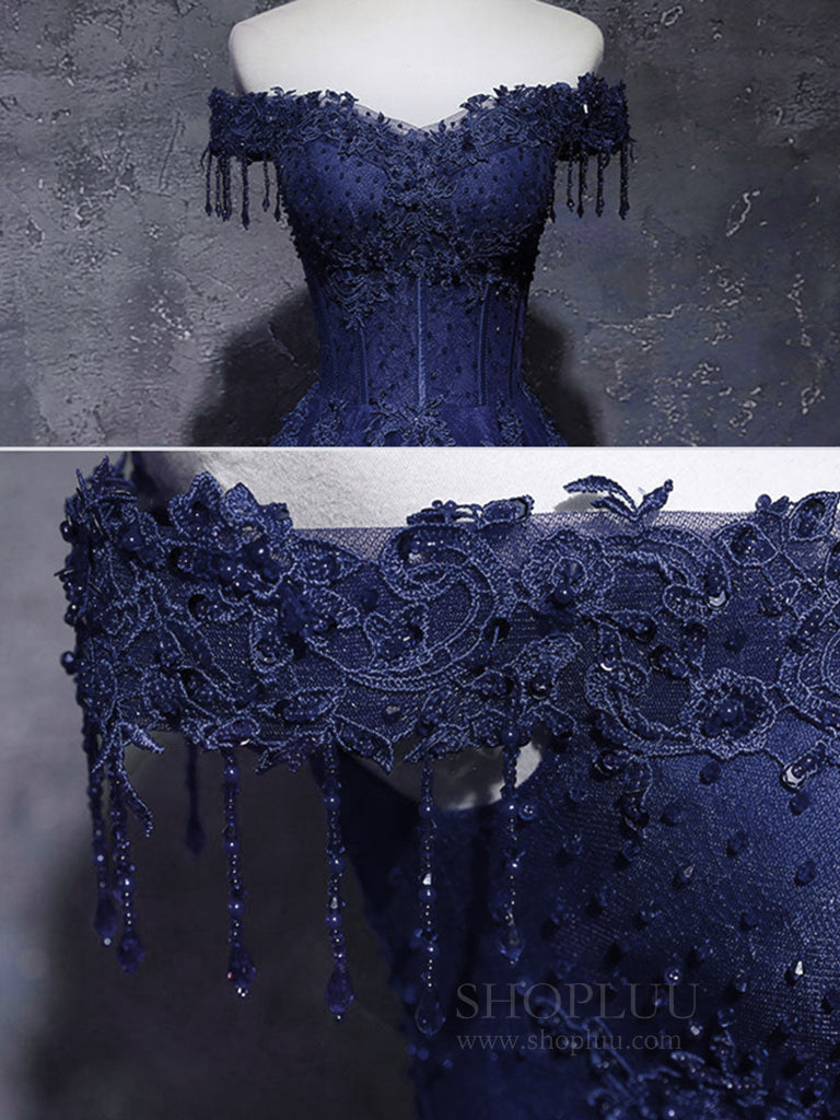 Elegant Off Shoulder A-Line Tulle Lace Dark Blue Long Prom Dress - Formal Evening Gown for Homecoming, Ball, Wedding & Special Occasions