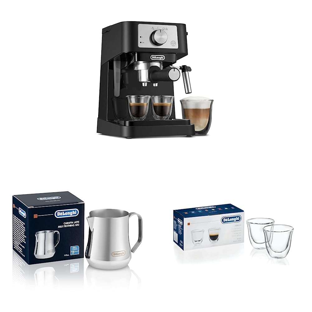 De'Longhi Stilosa Manual Espresso Machine with Stainless Steel Milk Frother & 2 Double-Wall Thermo Glasses - 13.5