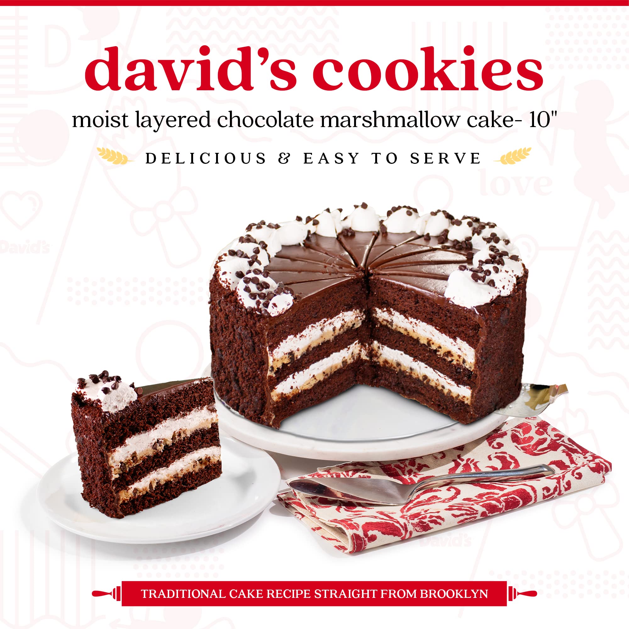 David's Cookies Marshmallow Chocolate Layer Cake - 10 Inch Fresh Bakery Dessert for Birthday Parties, Anniversary Celebrations & Special Events - Moist Pre-Sliced Cake for Easy Sharing - Perfect Gift for Chocolate Lovers - Same Day Delivery Available