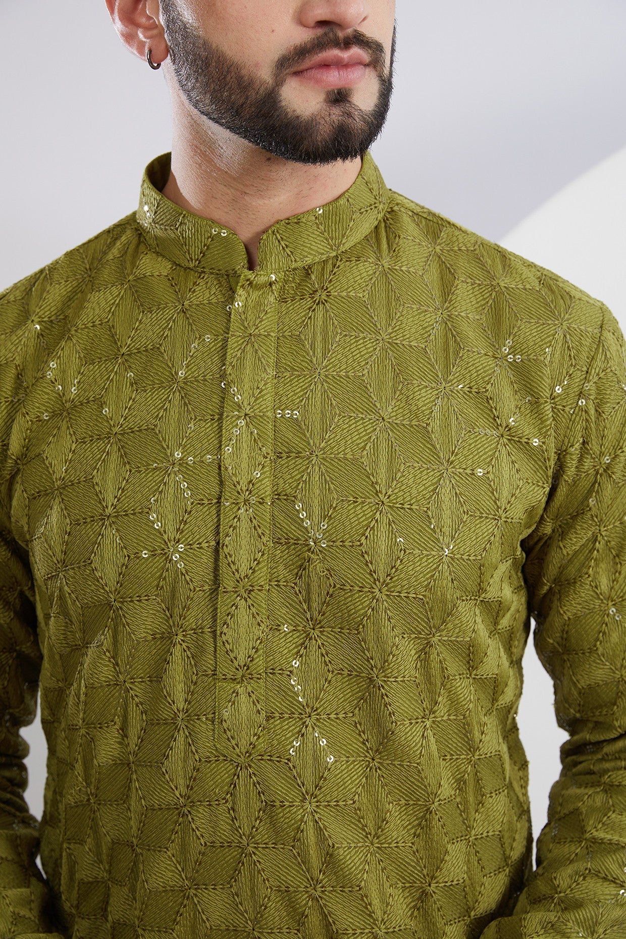 Stylish Mehndi Green Geometrically Embroidered Kurta for Women | Traditional Indian Ethnic Wear | Perfect for Festivals, Weddings & Casual Outings