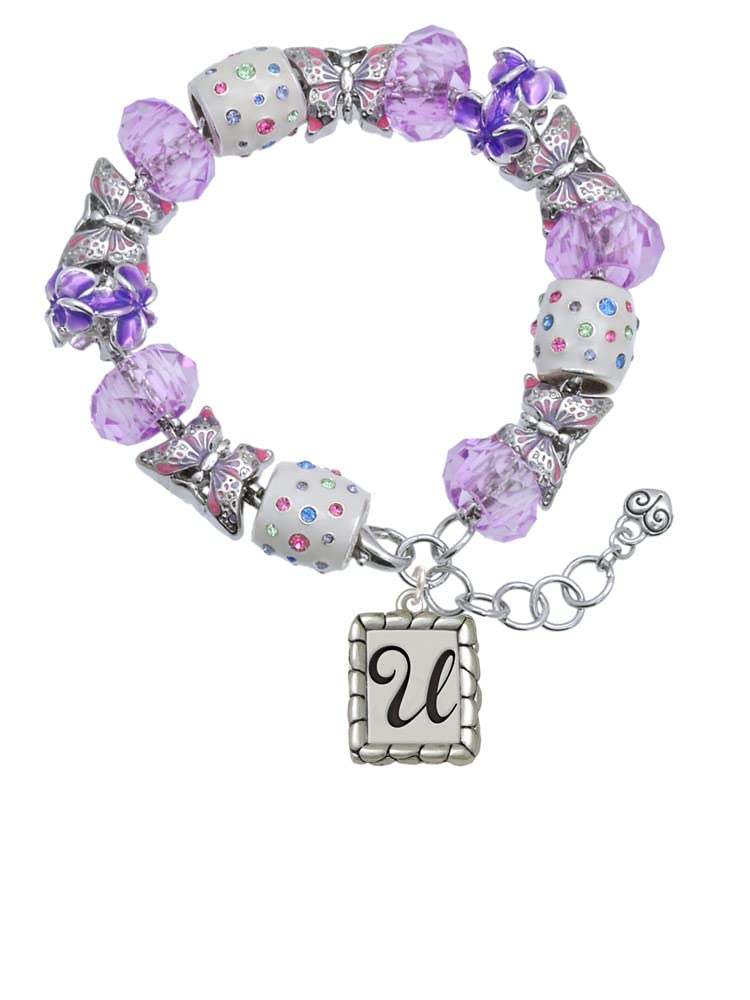 Delight Jewelry Silver-Tone Pebble Border Initial Purple Butterfly Bead Charm Bracelet - Adjustable 7