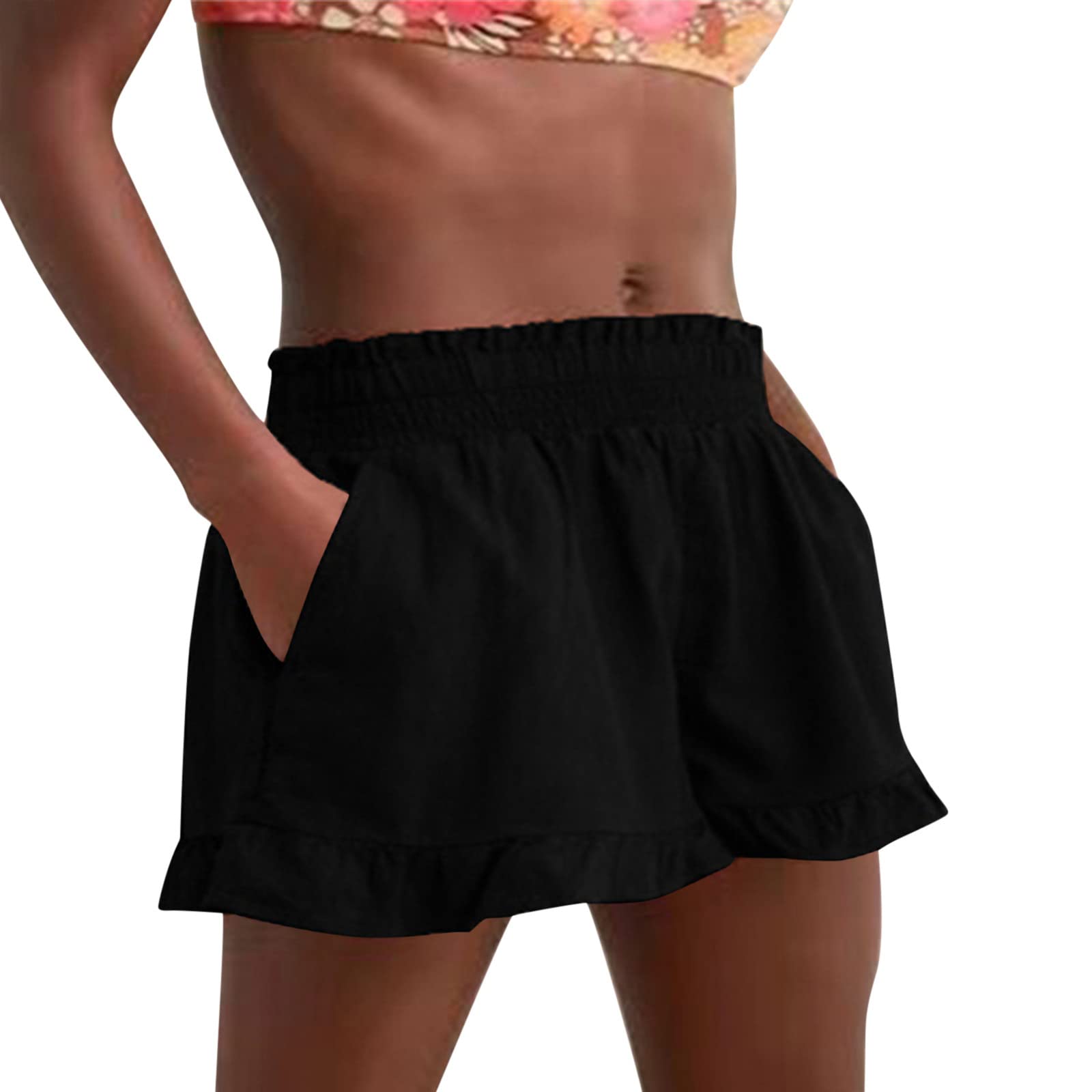 Women's Ruffle Beach Shorts with Pockets - Comfy Summer Casual Shorts with Elastic Waist - Perfect for Beach Vacations, Pool Parties & Summer Outings