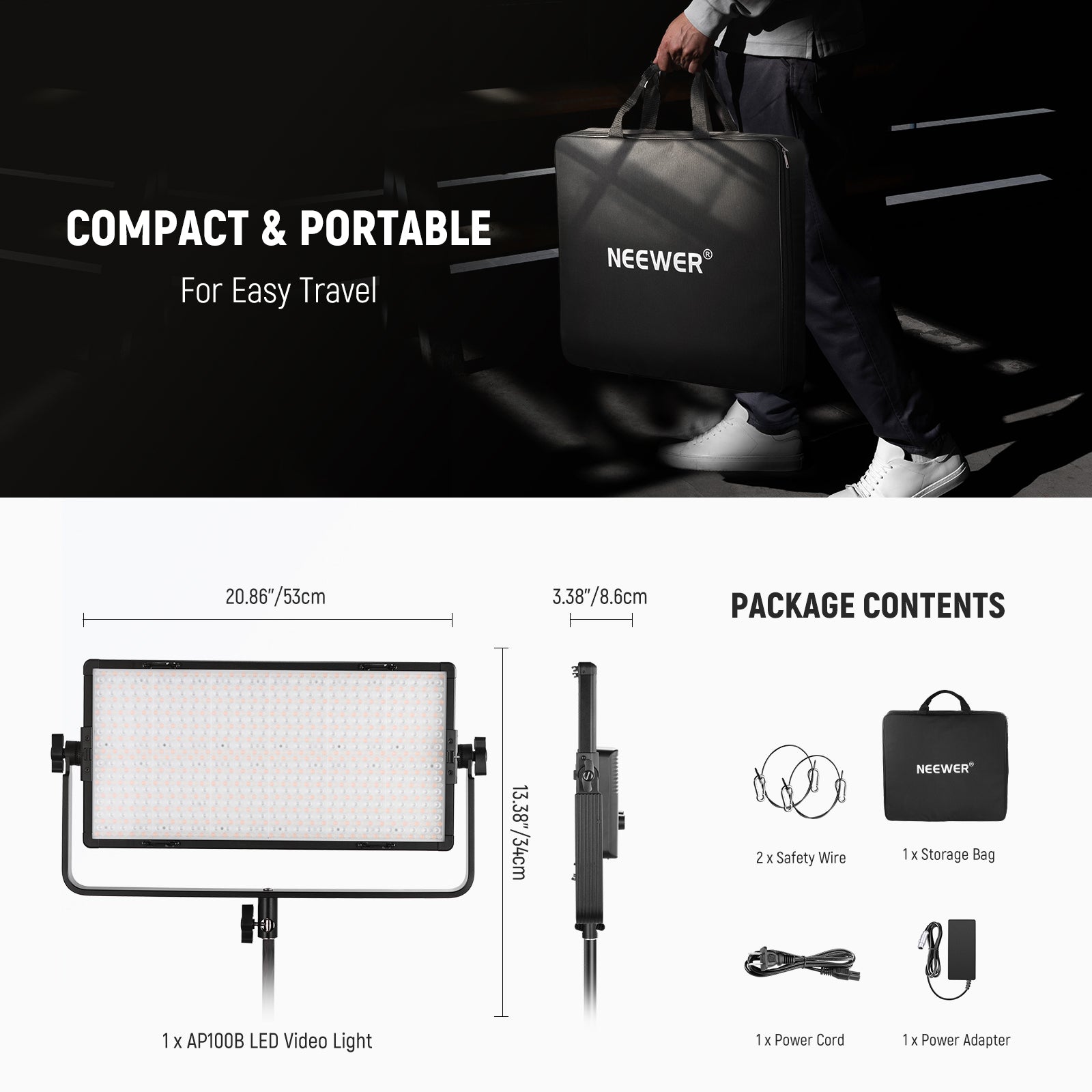 NEEWER AP100B 100W Bi-Color LED Panel Video Light Kit with Adjustable Brightness & Color Temperature for Photography, YouTube, and Studio Lighting