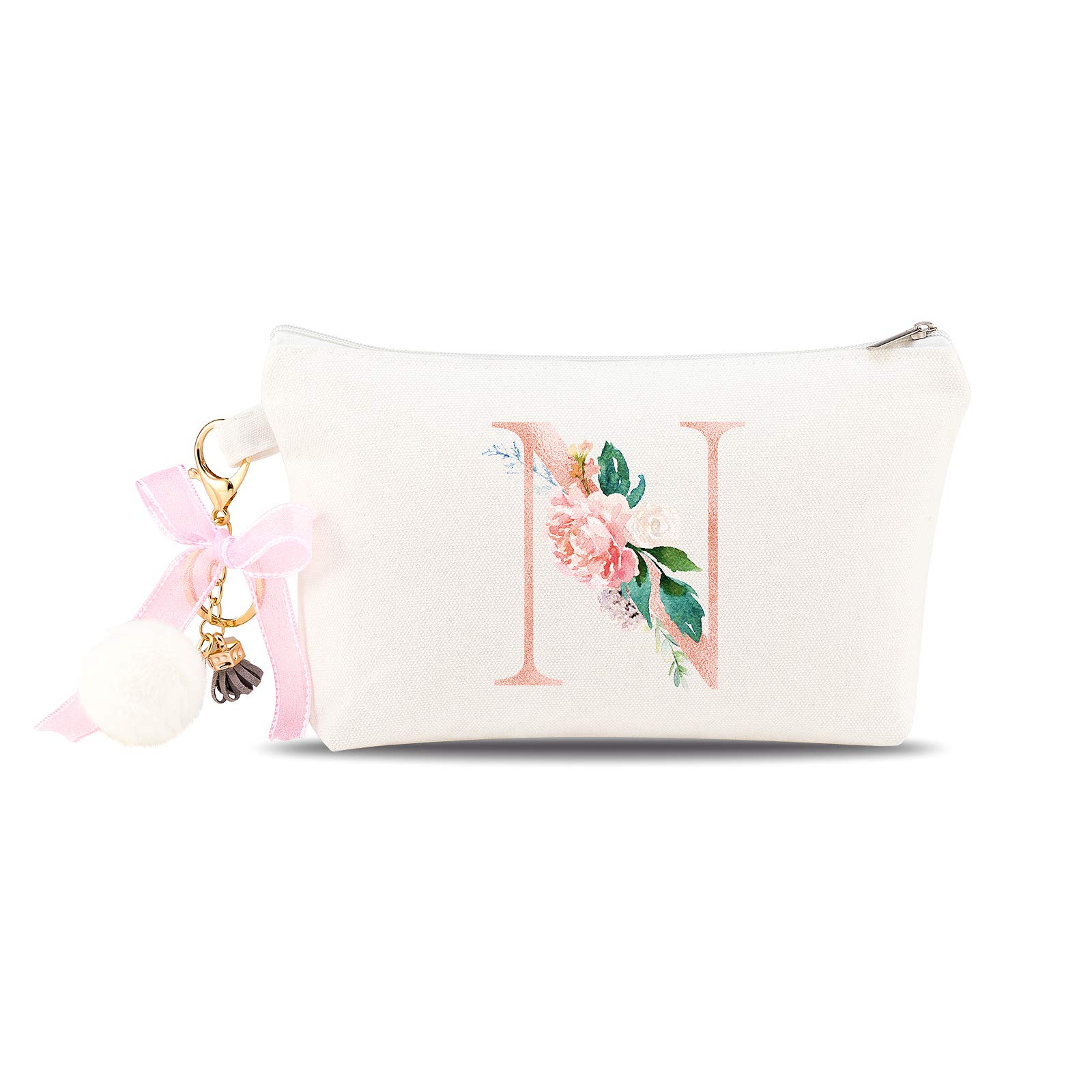 Floral Monogrammed Makeup Bag with Keychain - Personalized Cosmetic Pouch for Women, Girls & Mom | Great Gift for Birthday, Valentine's Day, Mother's Day & Bridal Shower | Perfect for Travel, Gym & Daily Essentials Organization