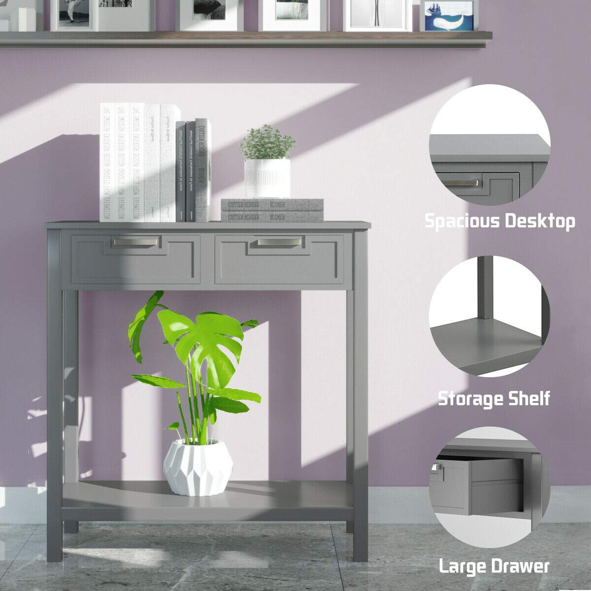 Modern Gray Entryway Sofa Accent Console Table with 2 Drawers - Sturdy Waterproof Storage Shelf for Bedroom, Living Room & Hallway - Perfect for Small Space Organization & Home Decor