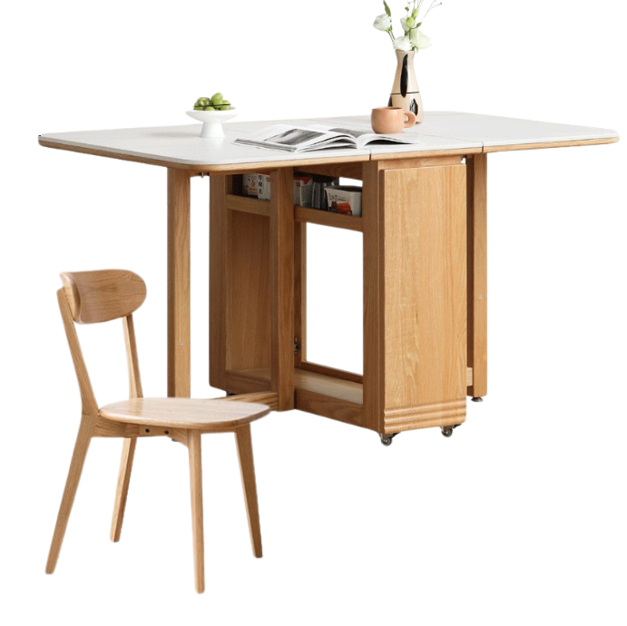 Solid Oak Wood Modern Rock Slab Folding Dining Table - Extendable Space-Saving Design for Small Apartments, Kitchens & Outdoor Dining