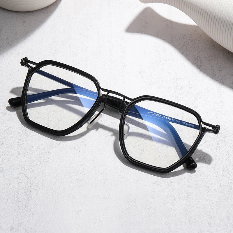 Stylish Unisex Black Acetate & Titanium Polygon Frame Eyeglasses 95867 - Perfect for Work, Reading & Fashion Accessories
