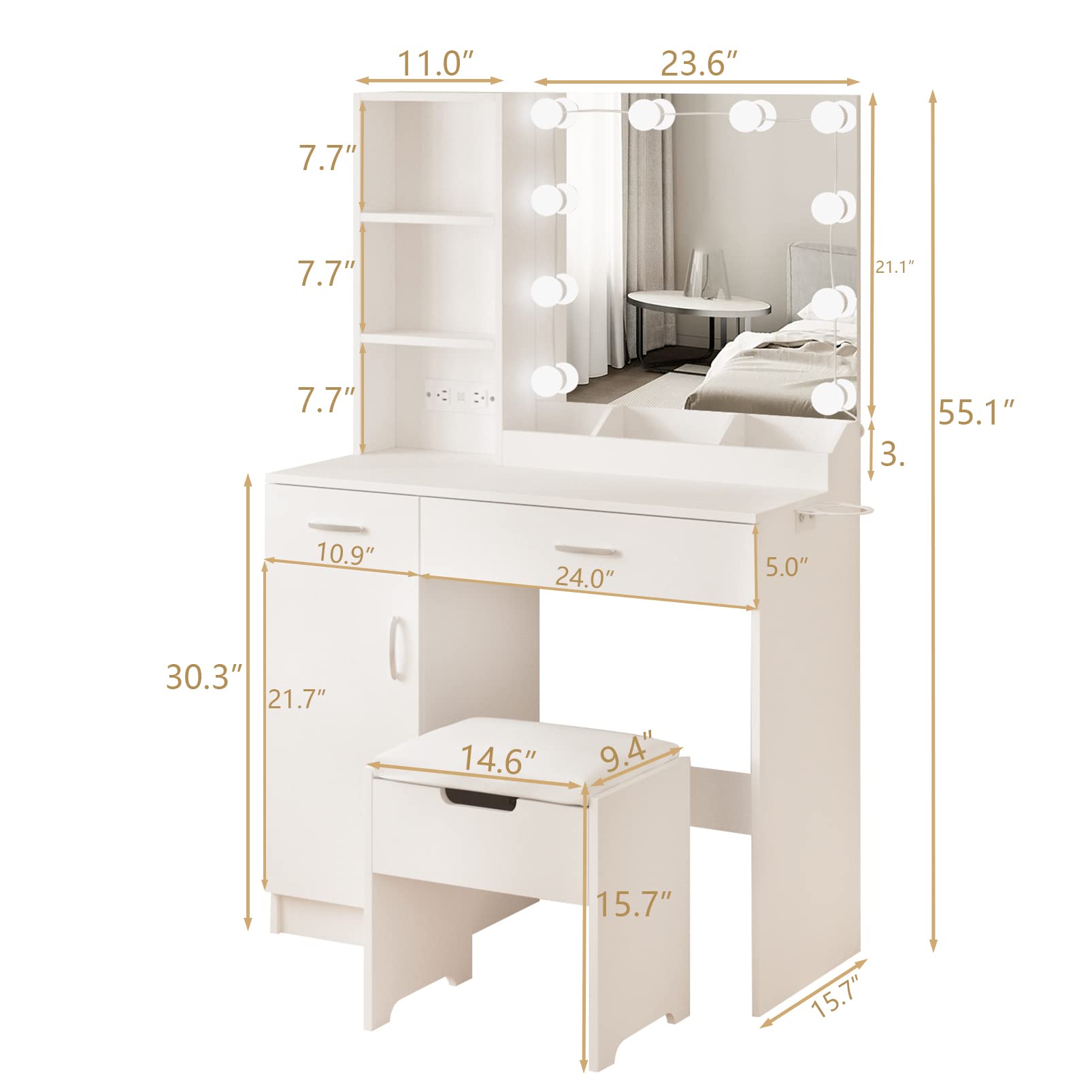 Fameill White Makeup Vanity Desk with LED Lighted Mirror, Power Strip & Storage - 2 Drawers, 3 Lighting Colors, 35.4 Inch - Perfect for Bedroom, Dressing Room & Beauty Salon Makeup Application