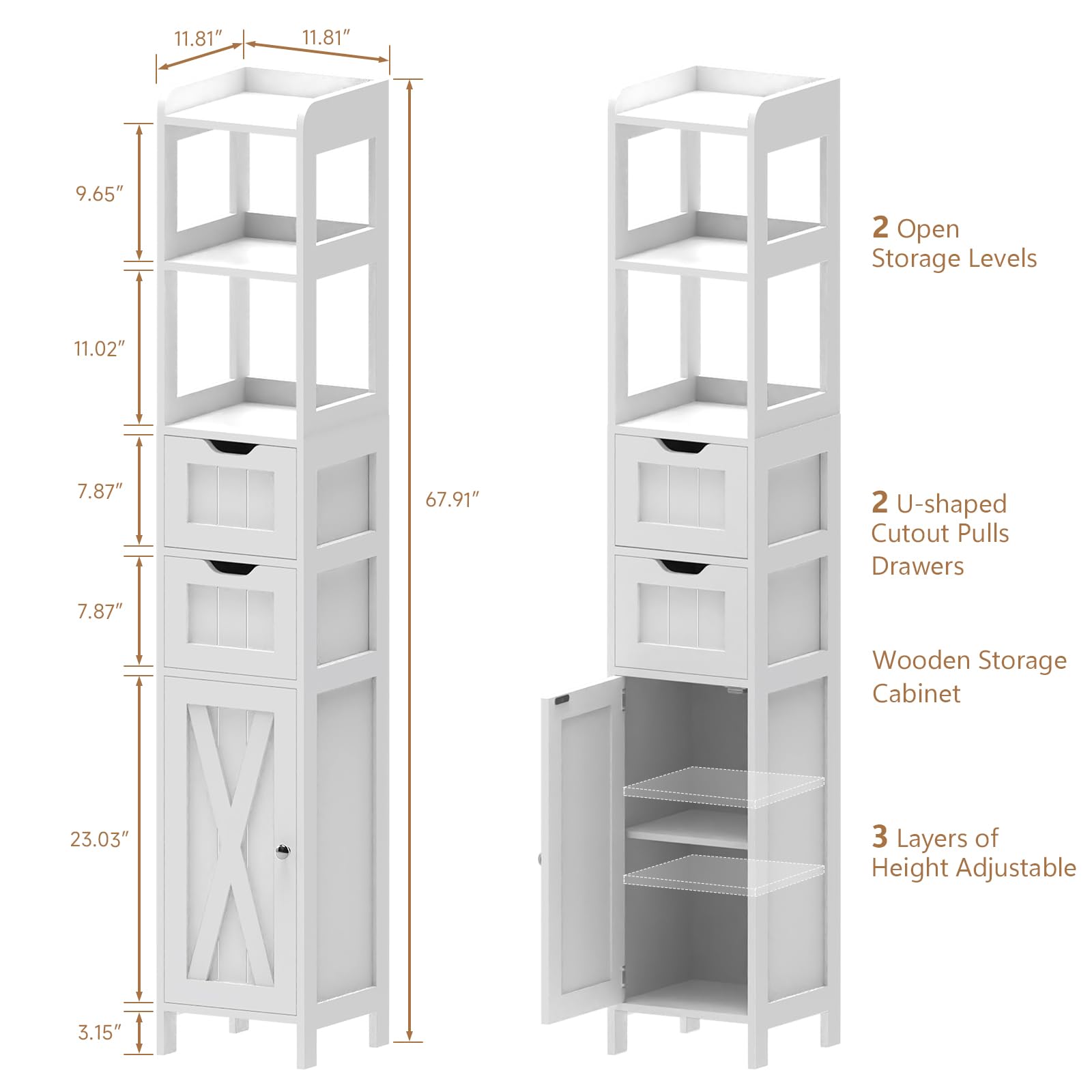 Freestanding Narrow Tall Bathroom Cabinet with Door & Adjustable Shelf - Multifunctional Floor Storage with 2 Drawers, White - Perfect for Small Bathrooms, Bedrooms & Laundry Rooms
