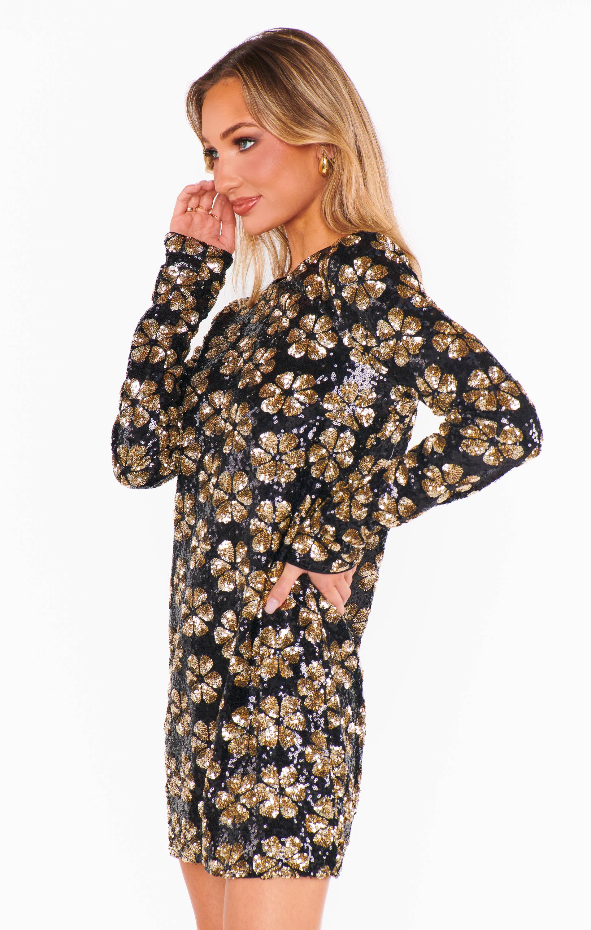 Maddison Mini Dress with Gold Sequins & Floral Print - Elegant Party Wear for Women | Perfect for Cocktail Parties, Weddings & Night Out