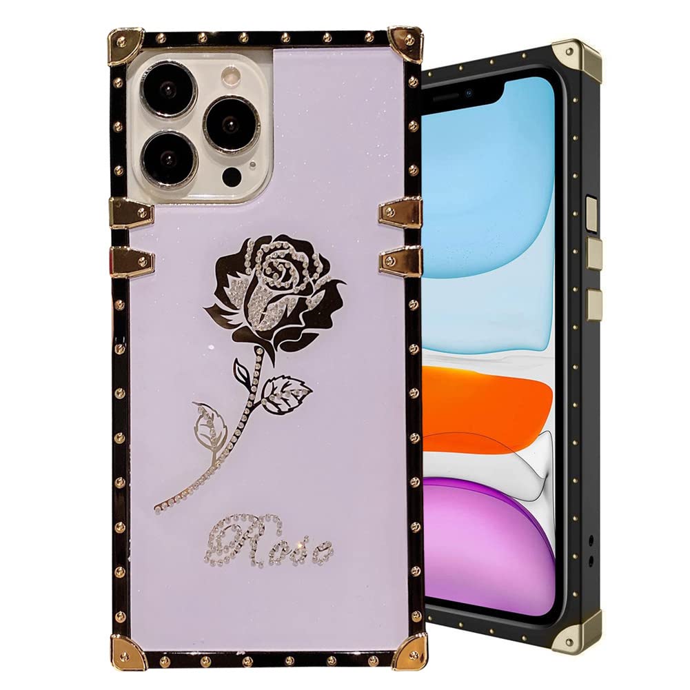 Retro Square Glitter Phone Case for Samsung Galaxy S20 Ultra - Soft TPU with Metal Edge Bumper, Diamond Rose Flower Design, Shockproof & Kickstand Protective Cover (Purple) - Perfect for Women & Girls, Ideal for Daily Use, Work, Travel and Special Occasions