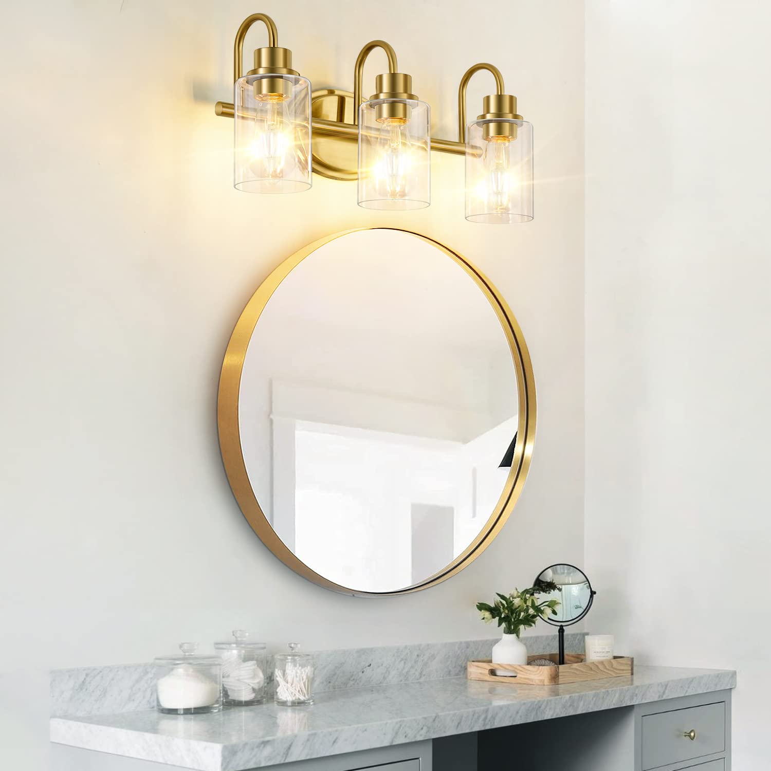Modern 3-Light Brushed Brass Vanity Light Fixture with Clear Glass - Gold Bathroom Lighting for Mirrors & Vanities, Dimmable LED Compatible - Perfect for Bathroom, Powder Room & Kitchen Decor