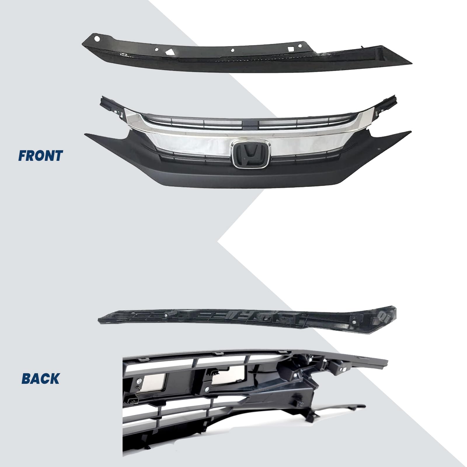 2016-2018 Honda Civic Sedan/Coupe Front Bumper Upper Grille with Black Headlight Eyelids - Glossy Black Bumper Grill & Eyebrow (3-Piece Set) for Enhanced Style & Protection - Perfect for Car Customization & Street Racing Looks