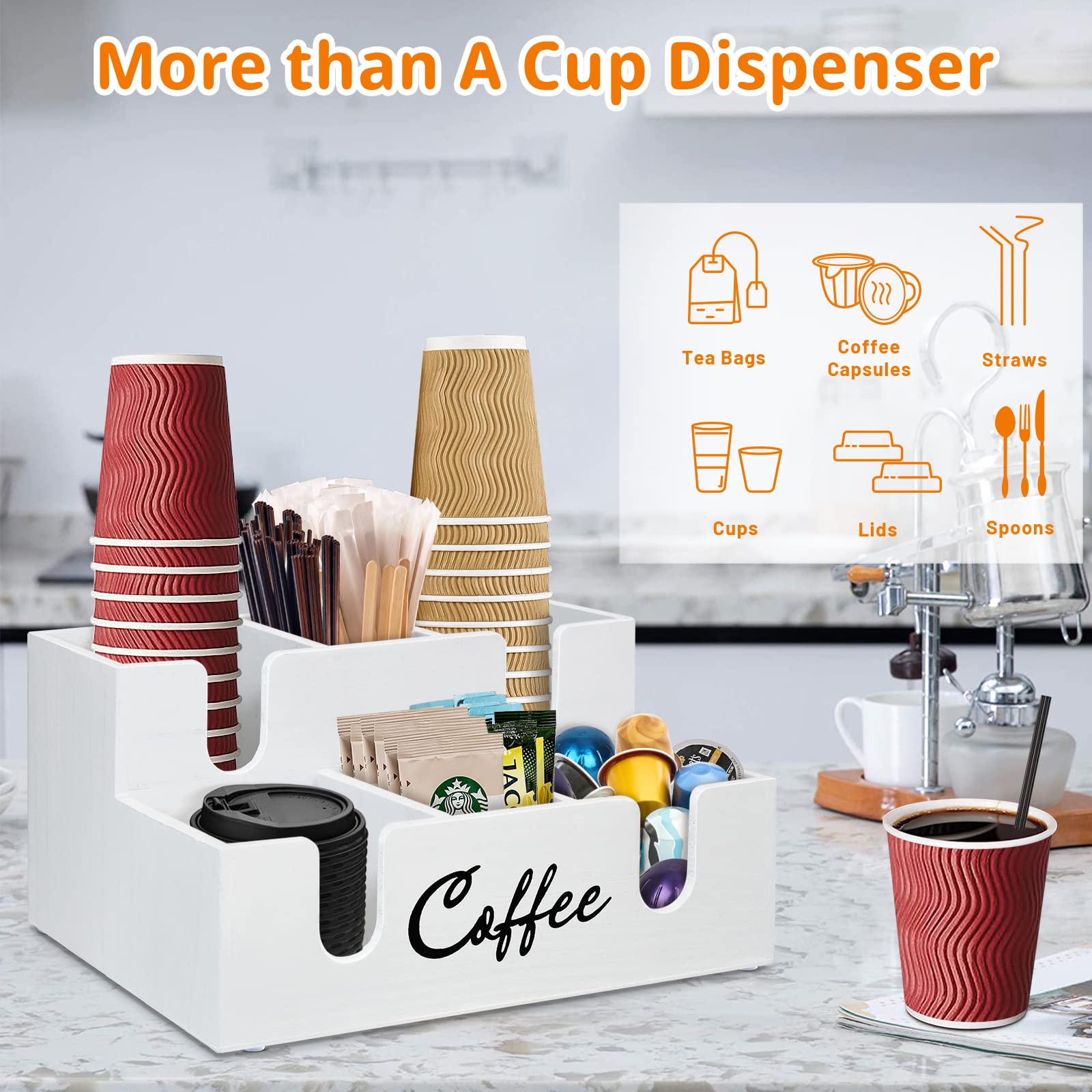 Wooden Coffee Station Organizer - 6 Compartment Countertop Lid Holder, Paper Cup Dispenser & Condiment Storage | Perfect for Kitchen, Office & Coffee Bar Organization