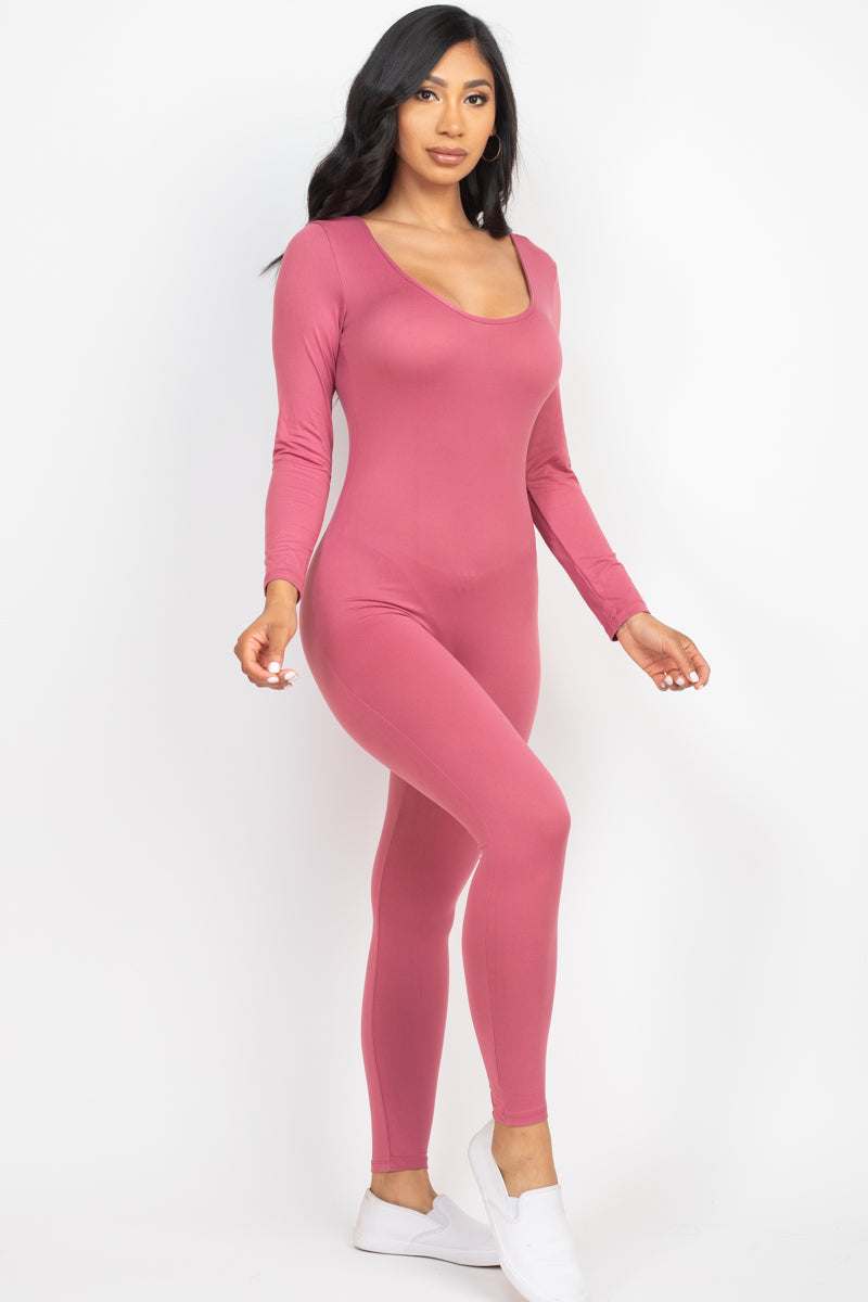 CAPELLA Women's Scoop Neck Long Sleeve Bodycon Jumpsuit - Slim Fit Stretchy Romper for Night Out, Party & Date Night