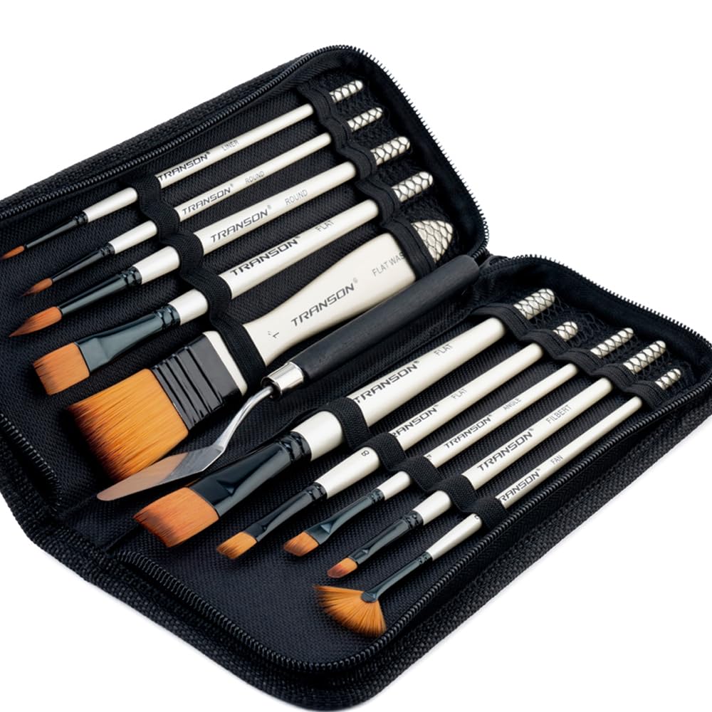 Transon 10-Piece Professional Paint Brush Set with Paint Spatula & Storage Case - Perfect for Acrylic, Oil, Watercolor Painting & DIY Art Projects