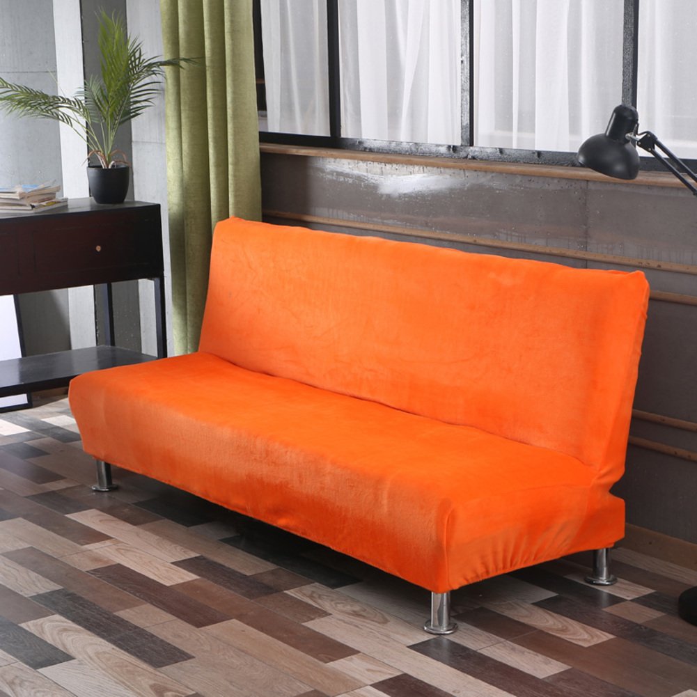 Lovehouse Thick Plush Armless Sofa Bed Cover - Stretchable, Stain-Resistant Slipcover Protector for Folding Beds (63-75in, Orange) | Perfect for Living Rooms, Dorms & Guest Rooms