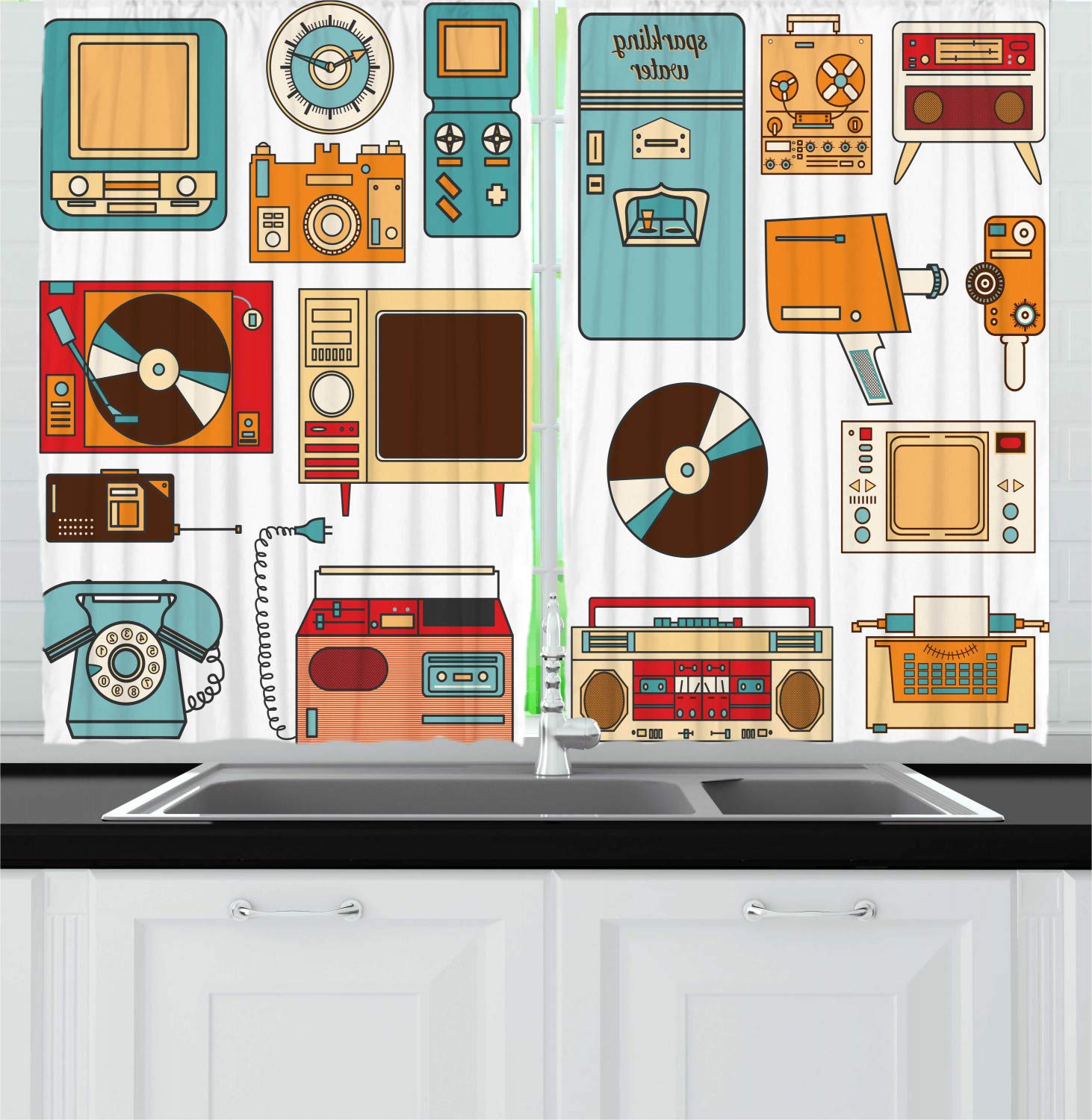 Ambesonne Retro Kitchen Curtains - Vintage Electronics Print with Telephone, Radio, Typewriter & TV Design - 2 Panel Window Drapes for Kitchen & Cafe Decor (55x39 Inches, Multicolor) - Perfect for Vintage-Themed Kitchens, Diners & Retro Home Decor
