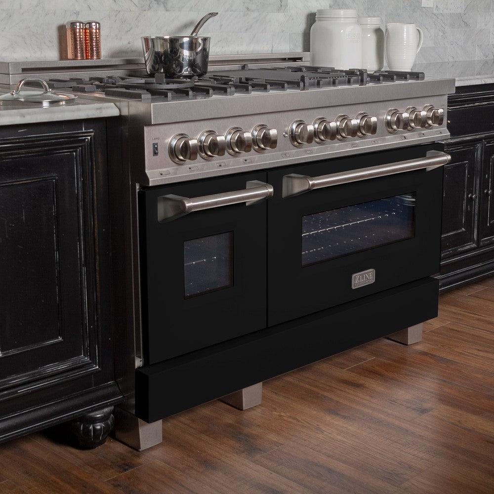 ZLINE 48-Inch 6.0 cu. ft. Dual Fuel Range with 7-Burner Gas Cooktop & 2 Electric Ovens - Satin Stainless Steel & Black Matte Doors (RAS BLM 48) | Professional Kitchen Appliance for Home Chefs & Cooking Enthusiasts