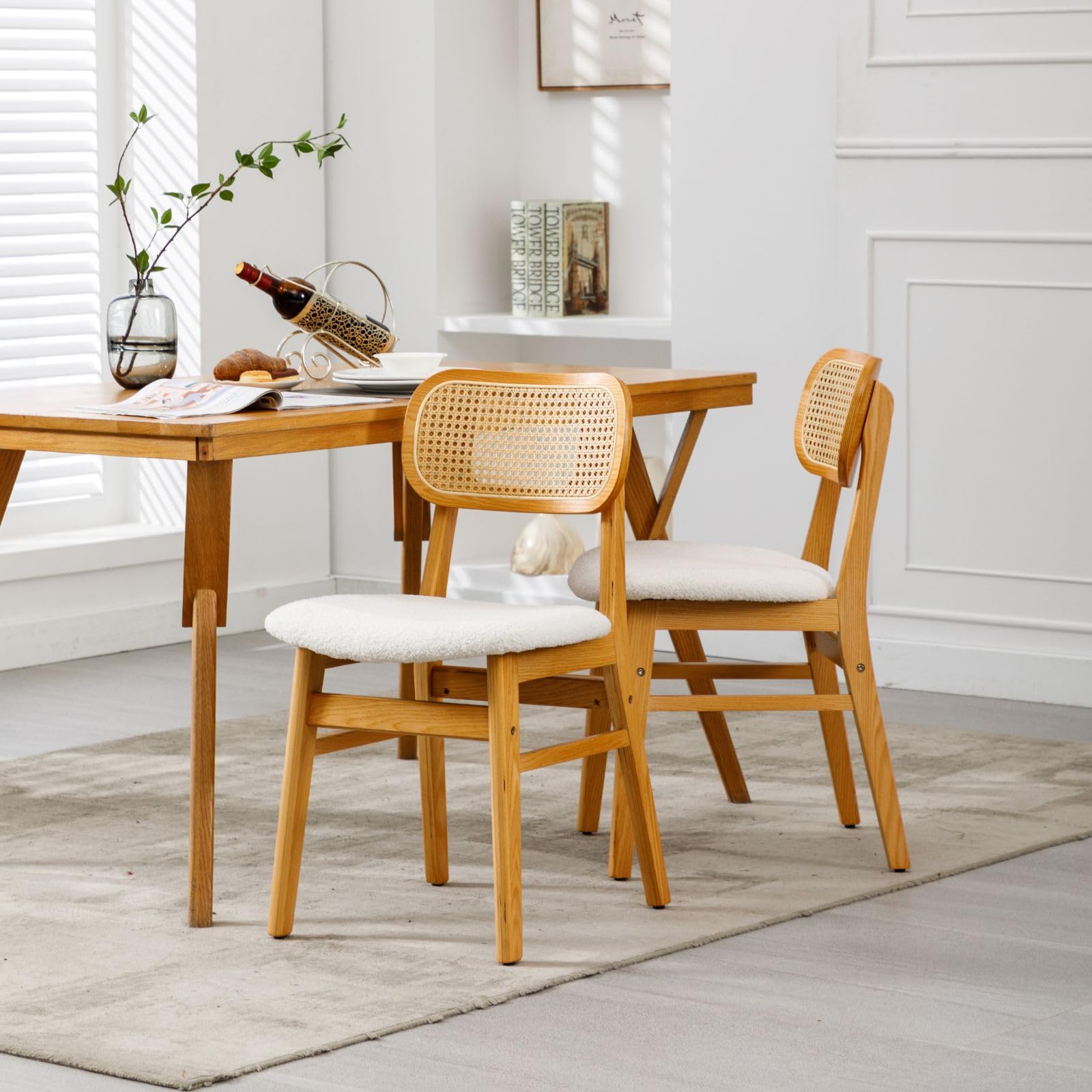 2 Pack White Lambswool Rattan Dining Chairs - Natural Wooden Farmhouse Kitchen Side Chairs for Dining Room, Breakfast Nook & Outdoor Patio