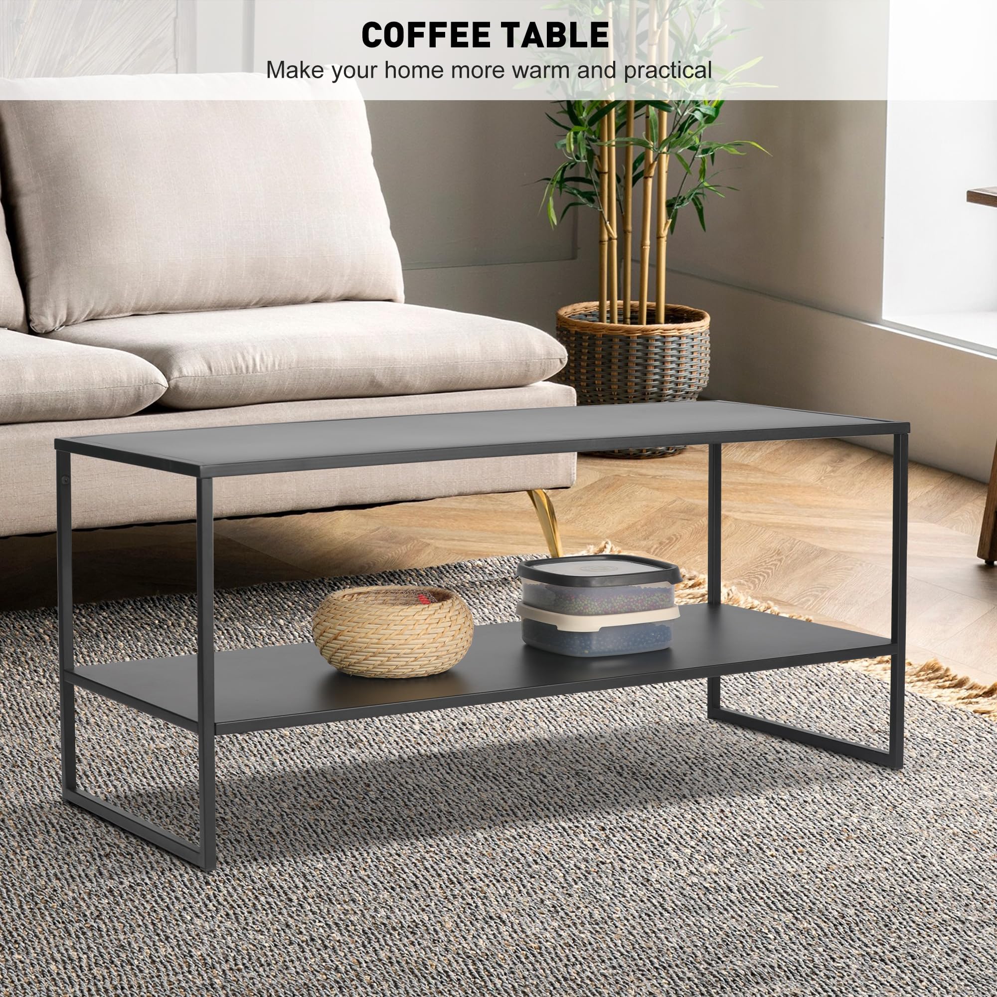 Modern Industrial Coffee Table with Storage Shelf - 2-Tier Rectangular Living Room Table in Black | Perfect for Small Spaces, Apartments & Cozy Home Decor