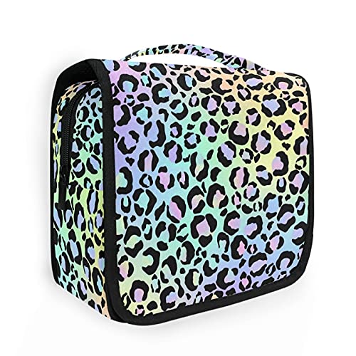Holographic Leopard Print Hanging Toiletry Bag - Waterproof Travel Makeup Organizer with Clear Pockets for Cosmetics, Toiletries & Essentials | Perfect for Vacation, Gym, Camping & Business Trips