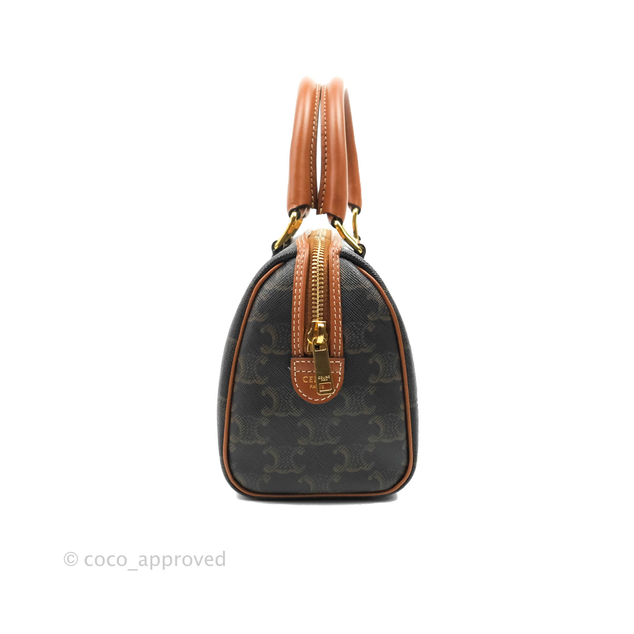 Celine Small Triomphe Canvas Boston Bag in Tan Calfskin Leather | Luxury Crossbody Handbag for Women | Perfect for Work, Travel & Everyday Use