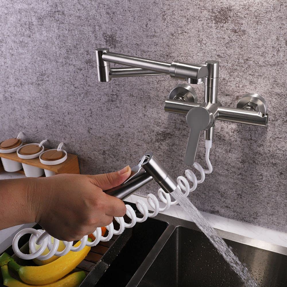 360° Rotating Pot Filler Faucet - Modern Retractable Wall Mounted Kitchen Faucet with Single Handle Swing Arm - Brushed Nickel Finish - Perfect for Filling Large Pots, Stockpots & Pasta Cookers in Commercial & Home Kitchens