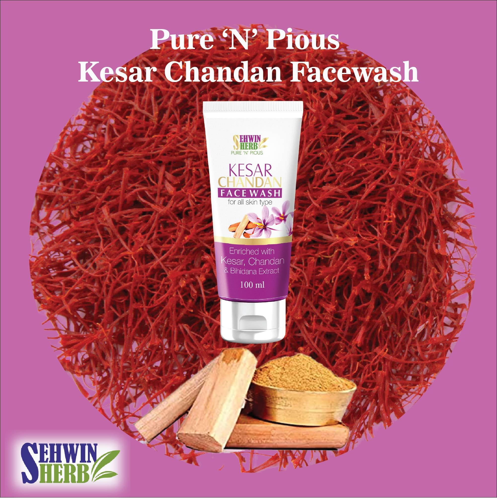 Sehwin Herbs Pure 'N' Pious Kesar Chandan Face Wash - Saffron & Sandalwood Cleanser for Glowing Skin | Daily Use, Acne Control & Skin Brightening