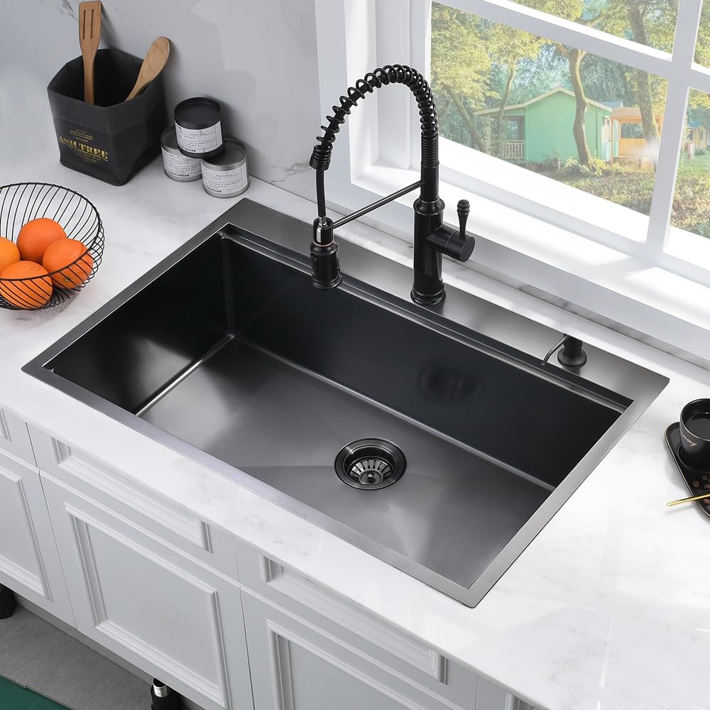Bokaiya 33x19 Inch Black Stainless Steel Drop-In Kitchen Sink Workstation - 16 Gauge Deep Topmount Single Bowl with Cutting Board - Perfect for Meal Prep, Dishwashing & Small Space Kitchens