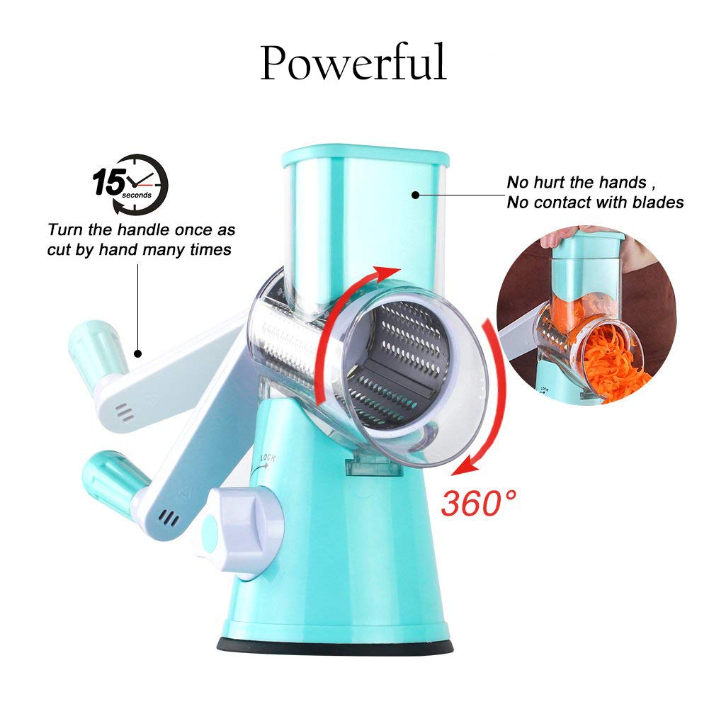 Premium Rotary Cheese Grater - Stainless Steel Vegetable Slicer for Potato, Carrot & Nuts - Includes Cleaning Brush - Blue Kitchen Mandoline - Perfect for Salads, Pasta & Meal Prep