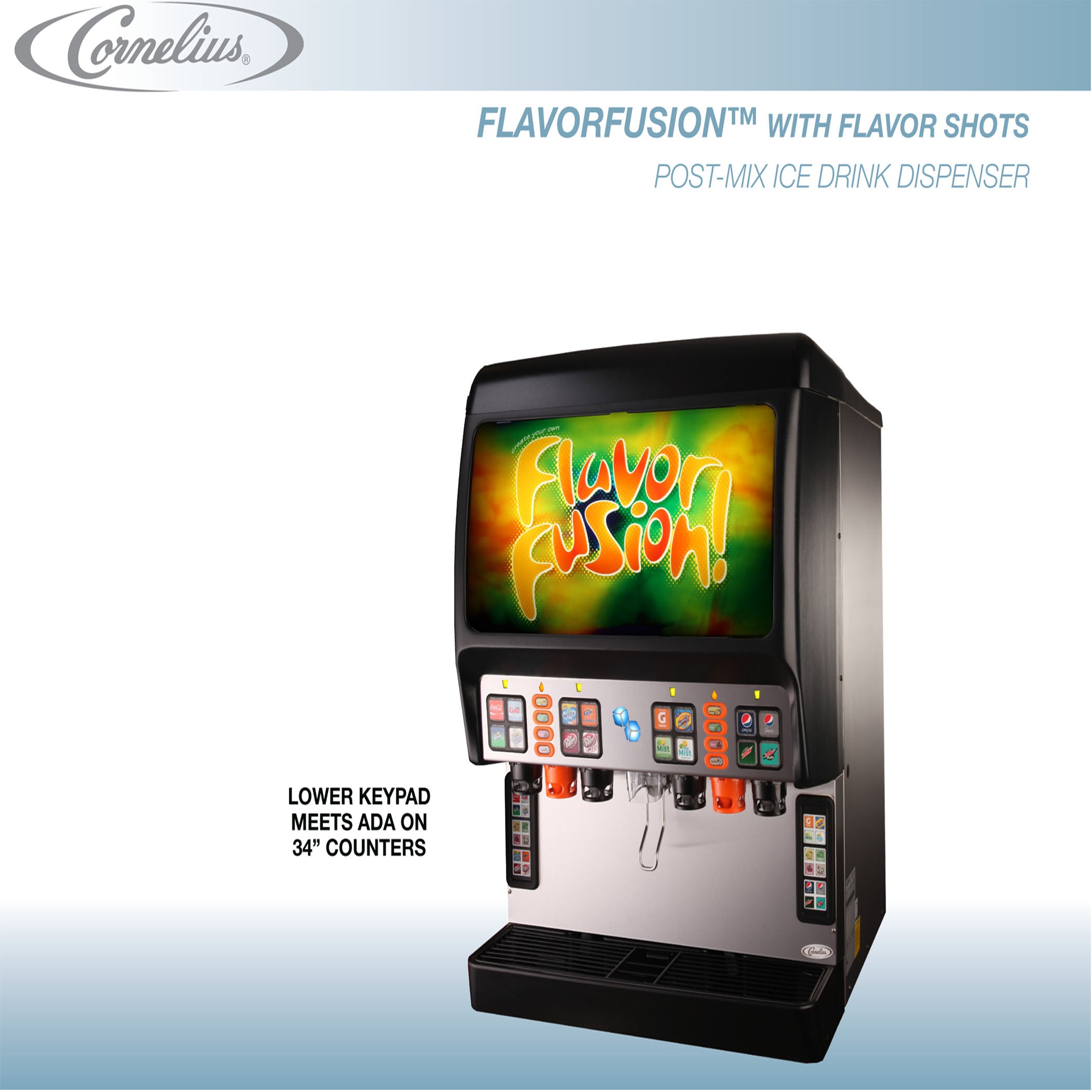 Cornelius 30-Inch Wide Space Saver 16 Drink Ice Combo Flavor Fusion & Cabinet Stand - Free Shipping | Perfect for Small Bars, Offices, and Home Use