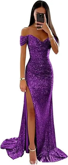 Elegant Off Shoulder Sequin Mermaid Maxi Dress for Women | 2025 Prom Party Evening Gown | Perfect for Formal Events, Weddings & Special Occasions