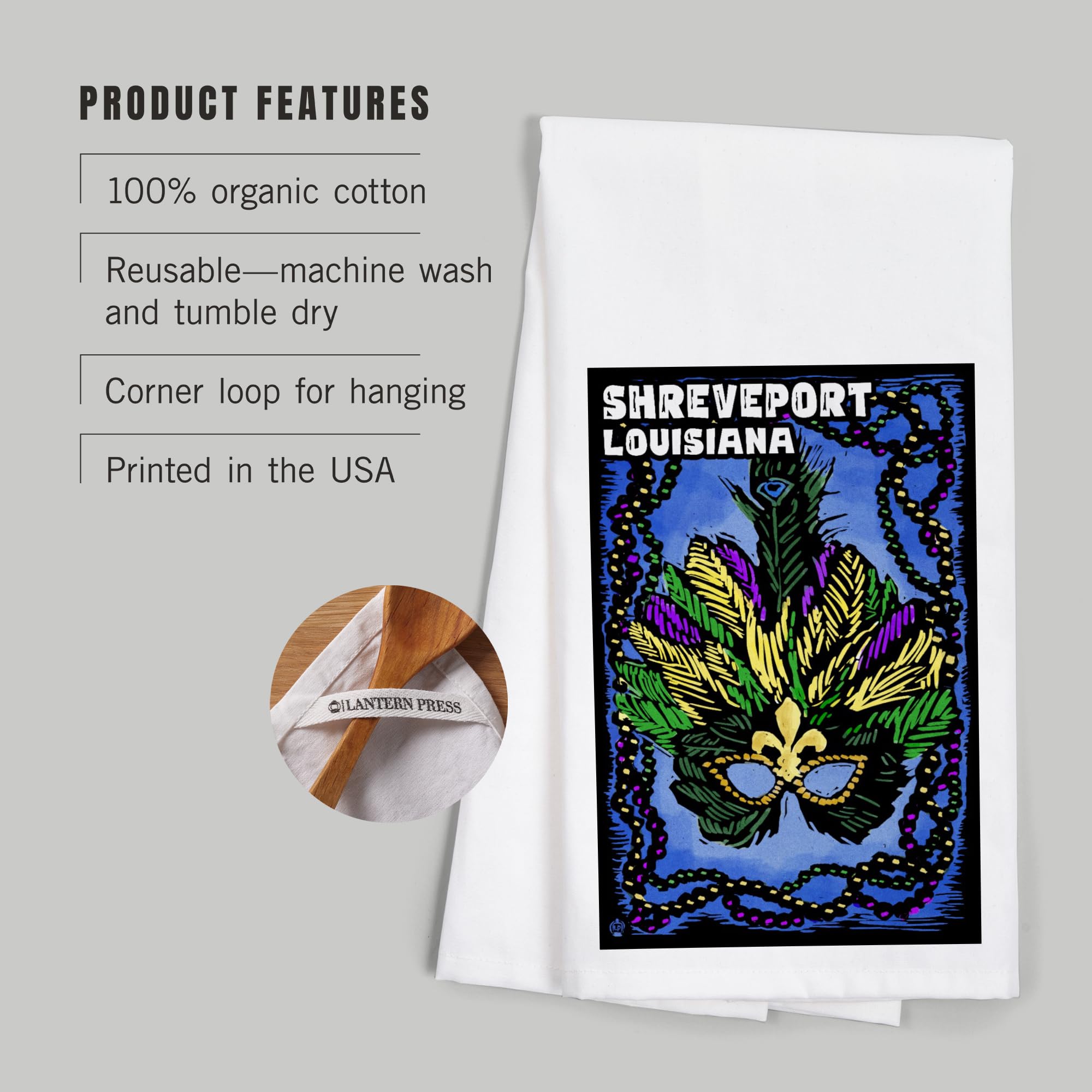 Lantern Press Shreveport Louisiana Mardi Gras Scratchboard Cotton Tea Towel - 100% Cotton Decorative Hand Towel for Kitchen & Home - Perfect for Gifts, Dish Drying & Holiday Decor