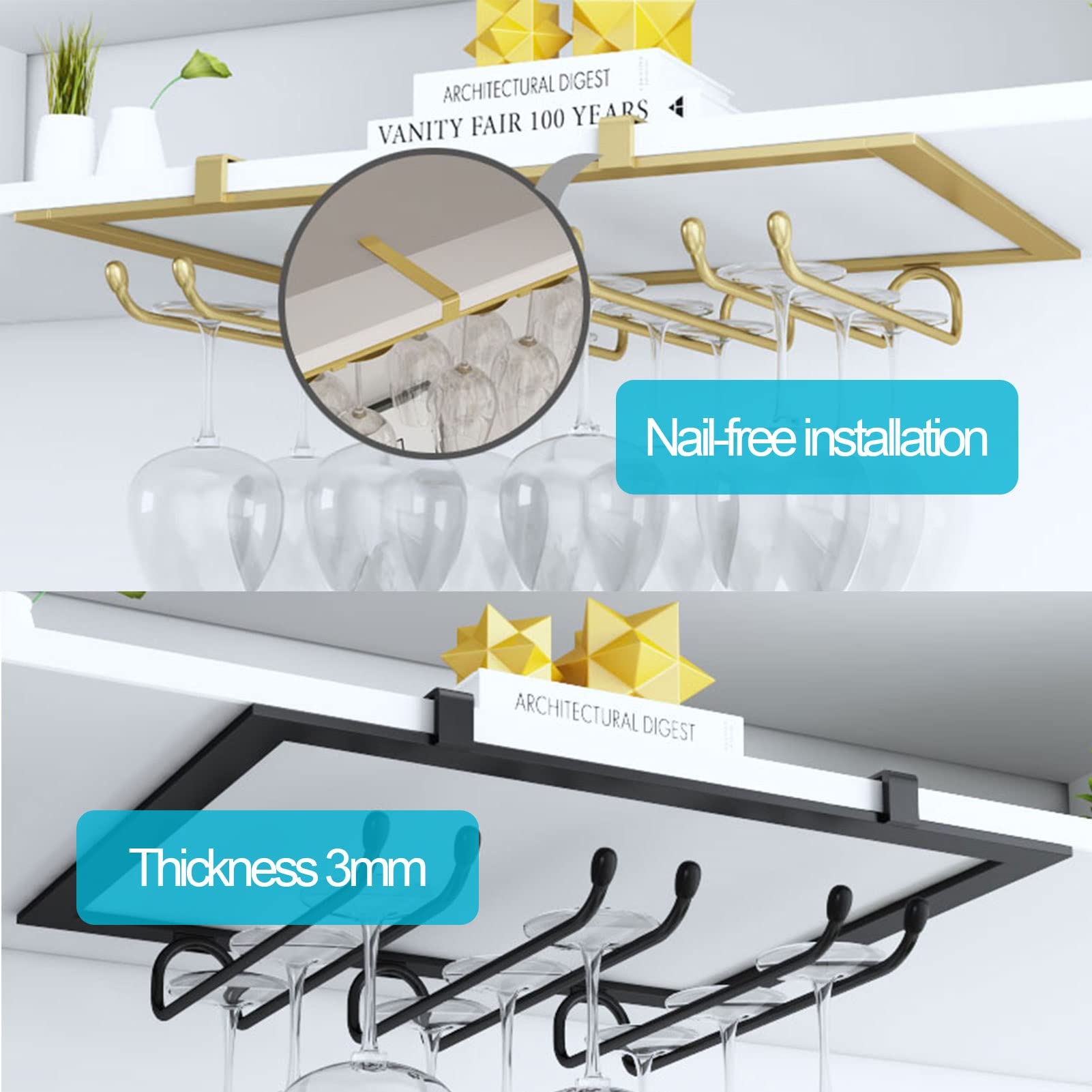 Stainless Steel Under Cabinet Stemware Rack - Hanging Wine Glass Holder for Kitchen, Bar, Pub - Decorative Wine Glass Storage & Display Shelf (White) - Perfect for Organizing Wine Glasses in Small Spaces & Adding Elegance to Your Home Bar