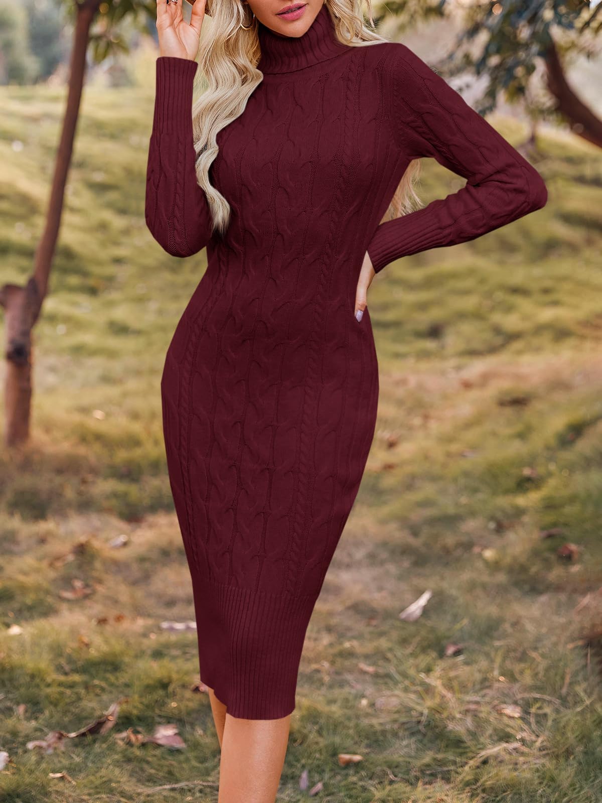 Fangetey Women's Long Sleeve Turtleneck Sweater Dress - Knitted Bodycon Midi Sheath Jumper Dress for Fall Winter Fashion, Office Wear & Casual Outfits