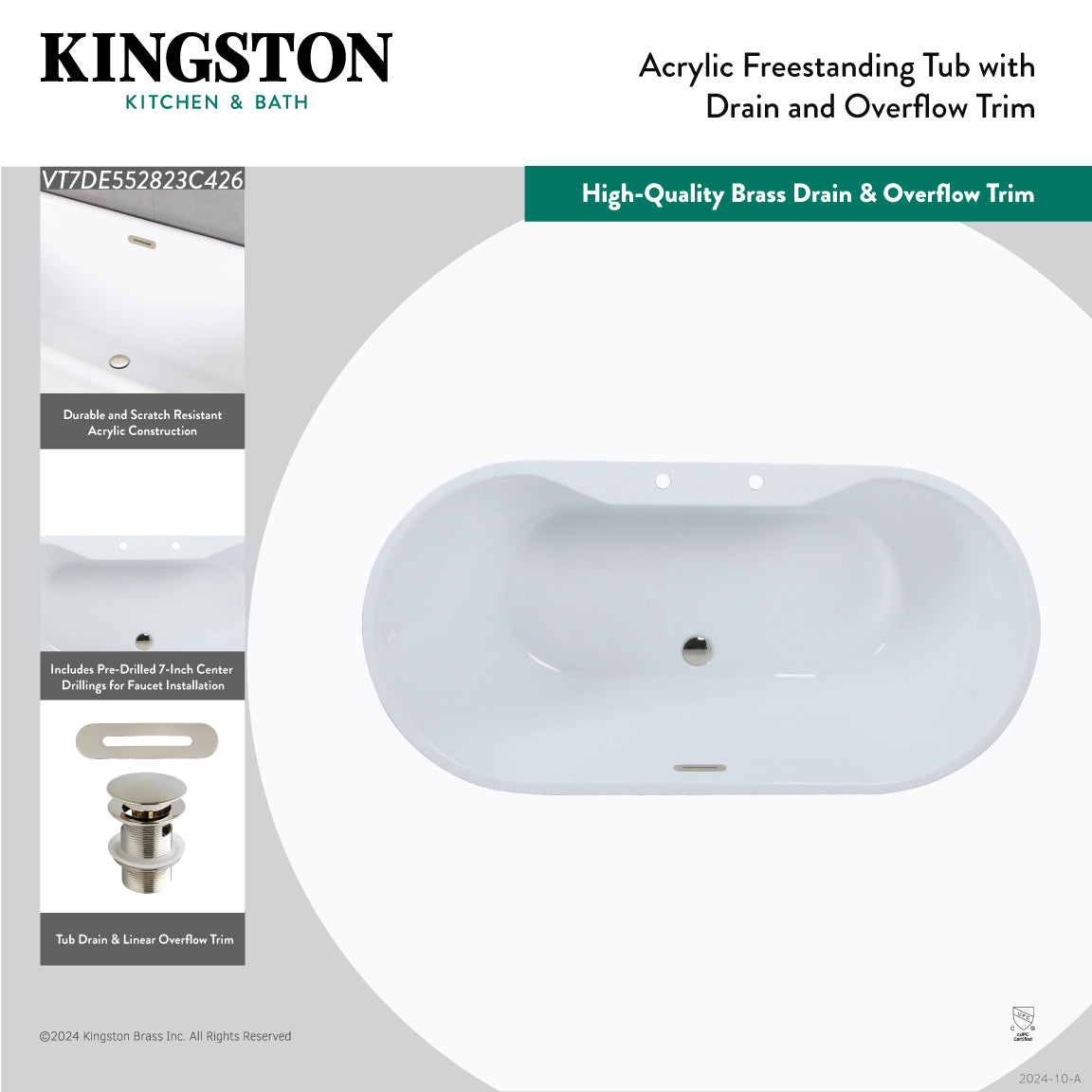 55 Inch Acrylic Oval Freestanding Bathtub - Glossy White with Antique Brass Finish | Double-Ended Soaking Tub with Drain | Perfect for Luxury Bathrooms & Spa Retreats