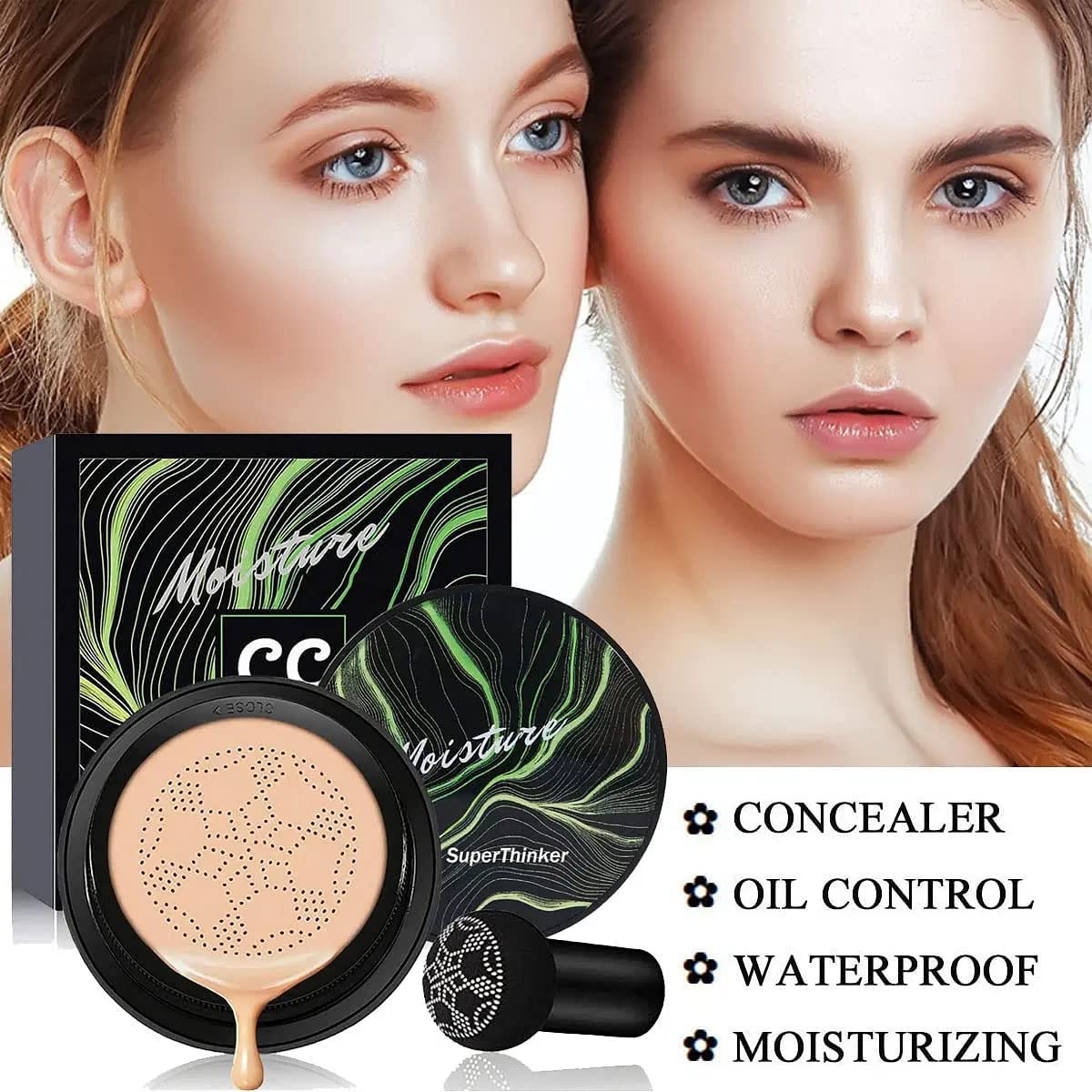 Mwezi Air Cushion Mushroom BB Cream - Waterproof Foundation with Full Coverage & CC Cream Concealer - Perfect for Daily Makeup, Photo Shoots, and Special Occasions