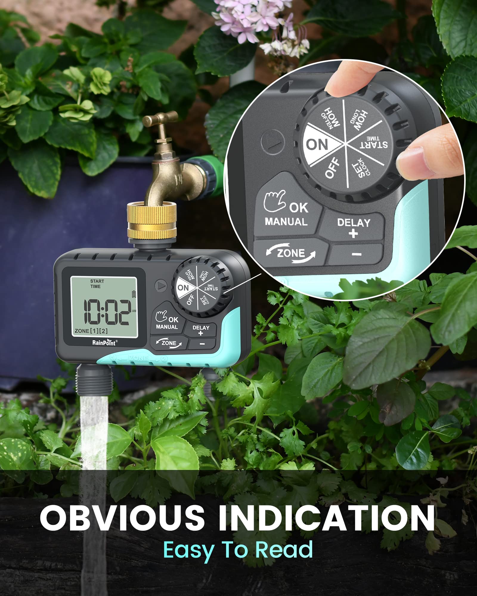 RAINPOINT Smart Sprinkler Timer 2 Outlet - Automatic Water Timer for Garden Hose & Drip Irrigation System, Outdoor Yard Watering Controller with Rain Delay & Manual Modes (Brass Inlet V2) - Perfect for Lawn, Flower Beds & Vegetable Gardens