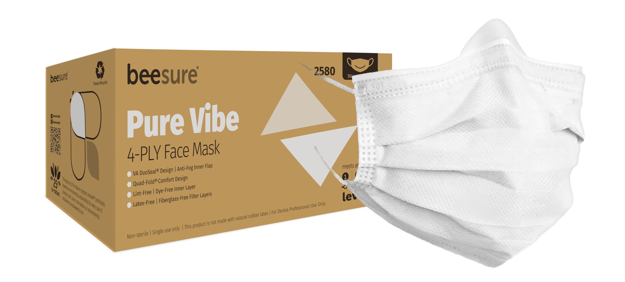 BeeSure BE2580 Pure Vibe Face Mask - 50 Pack Disposable 3-Ply White Masks for Daily Protection & Comfort - Ideal for Work, Travel, School & Public Safety