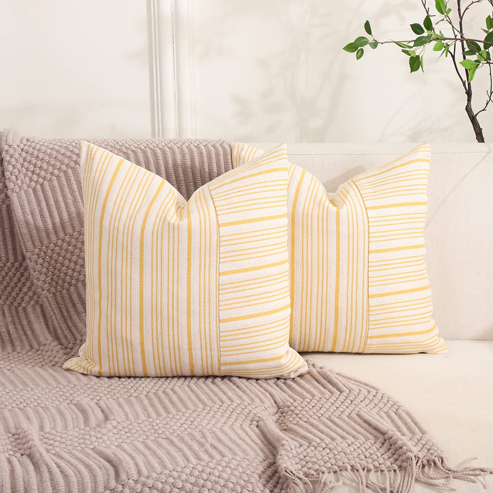 CARRIE HOME Mustard Yellow & Beige Farmhouse European Pillow Covers 24x24 Inch Set of 2 - Striped Patchwork Decorative Modern Throw Pillows for Bedroom, Couch & Sofa - Perfect for Farmhouse Decor, Living Room Accent & Cozy Home Styling