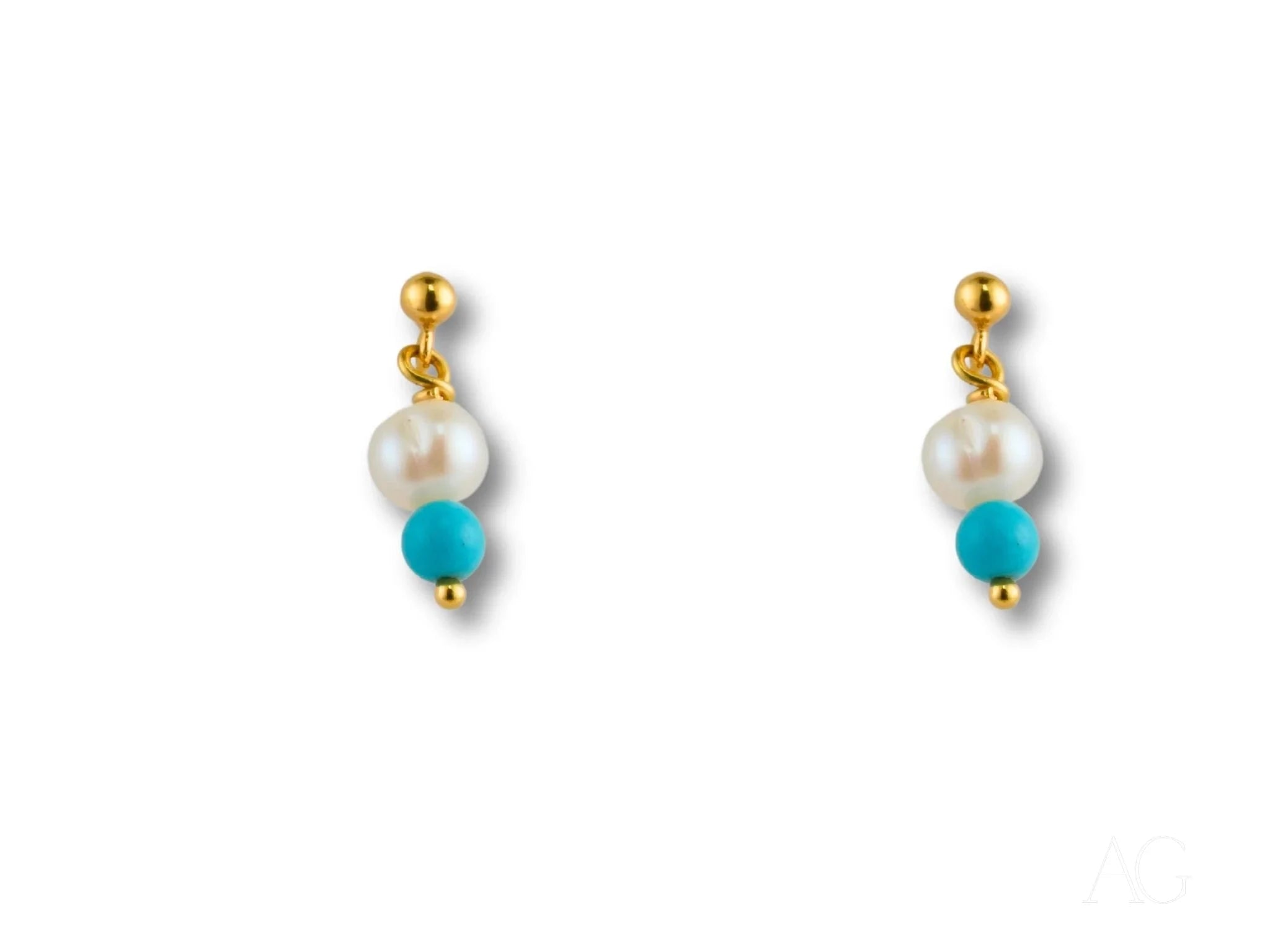 18k Gold Pearl and Turquoise Earrings - Elegant Dangle Jewelry for Women | Perfect for Weddings, Parties & Special Occasions