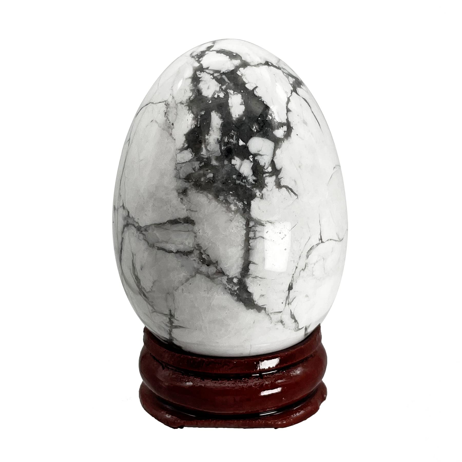 Polished Crystal Egg Figurine with Wood Stand - Healing Chakra Reiki Feng Shui Sphere Sculpture - White Howlite & Turquoise Stone Decor for Home, Office, Meditation Room & Spiritual Space