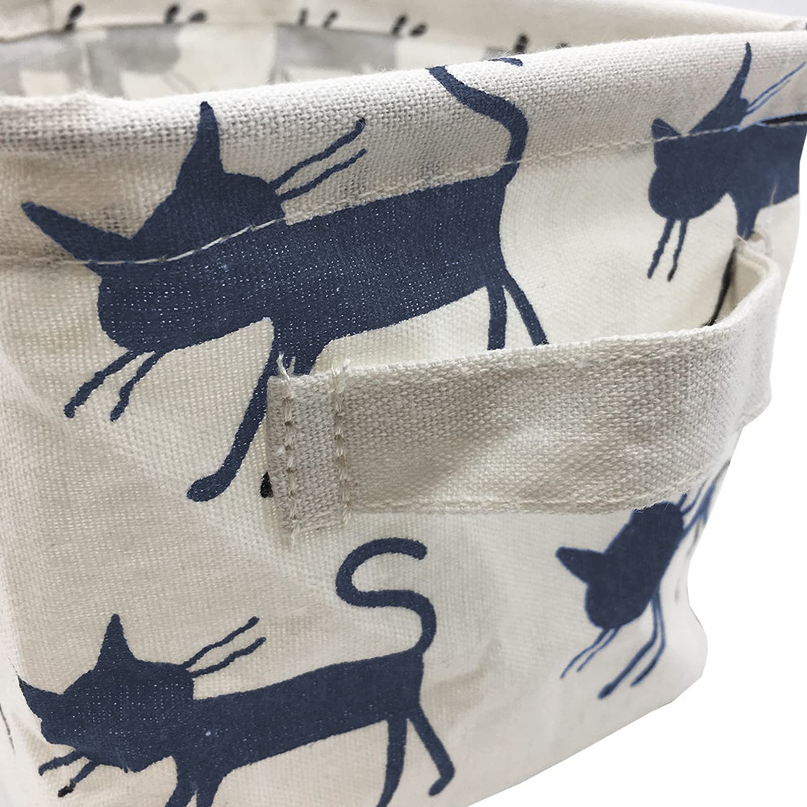 Mziart Small Foldable Canvas Storage Basket with Handles - Cotton Linen Organizer Bin for Nursery, Kids Room, Shelves & Desks - Perfect for Toys, Books & Home Organization (Blue Cat Design)