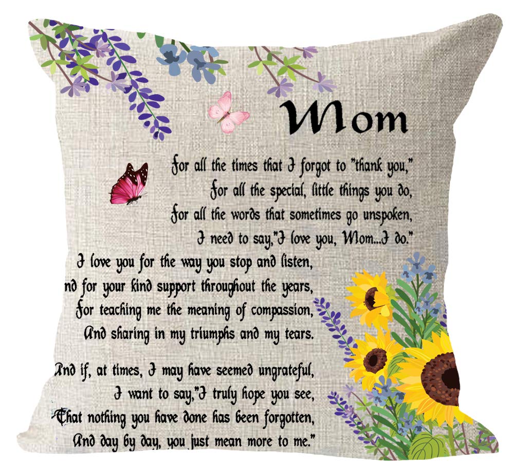 Mom I Love You Thank You - Sunflower Cotton Linen Square Throw Pillow Cover 18x18 Inches - Decorative Cushion Case for Sofa, Bed, Living Room - Perfect Gift for Mother's Day, Birthday & Home Decor